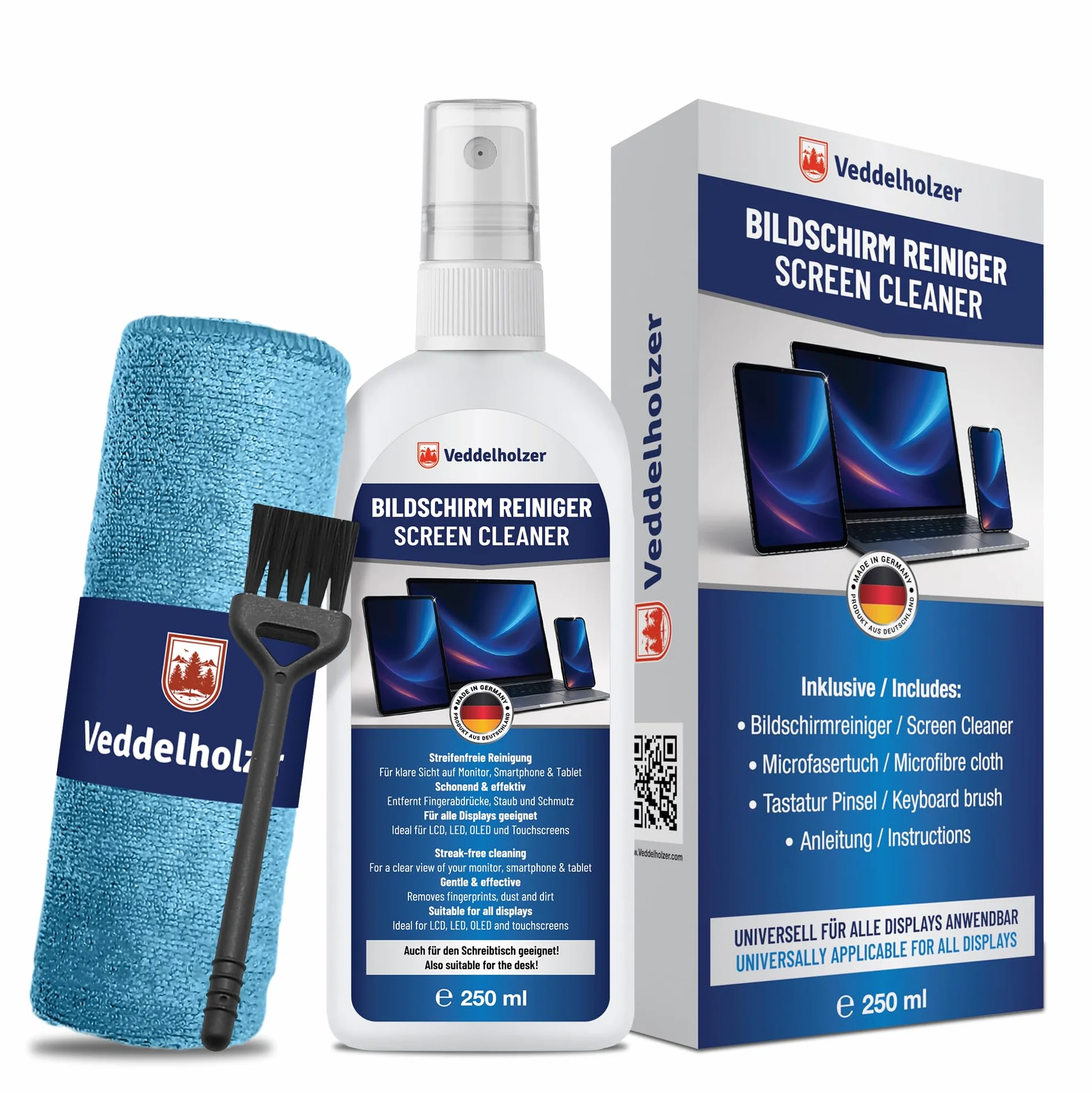 Veddelholzer Kit de Nettoyage pour écrans 250 ML avec Chiffon en Microfibre et Pinceau