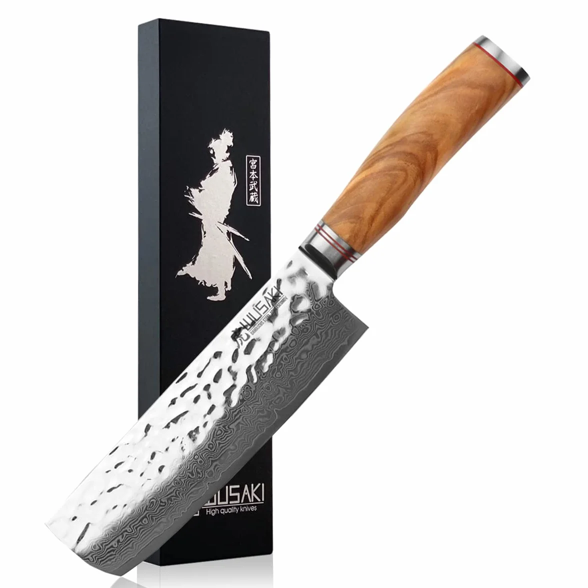Wusaki Couteau Nakiri 17cm en Damas 10Cr Manche Olivier Design Japonais - Vendu dans un coffret cadeau
