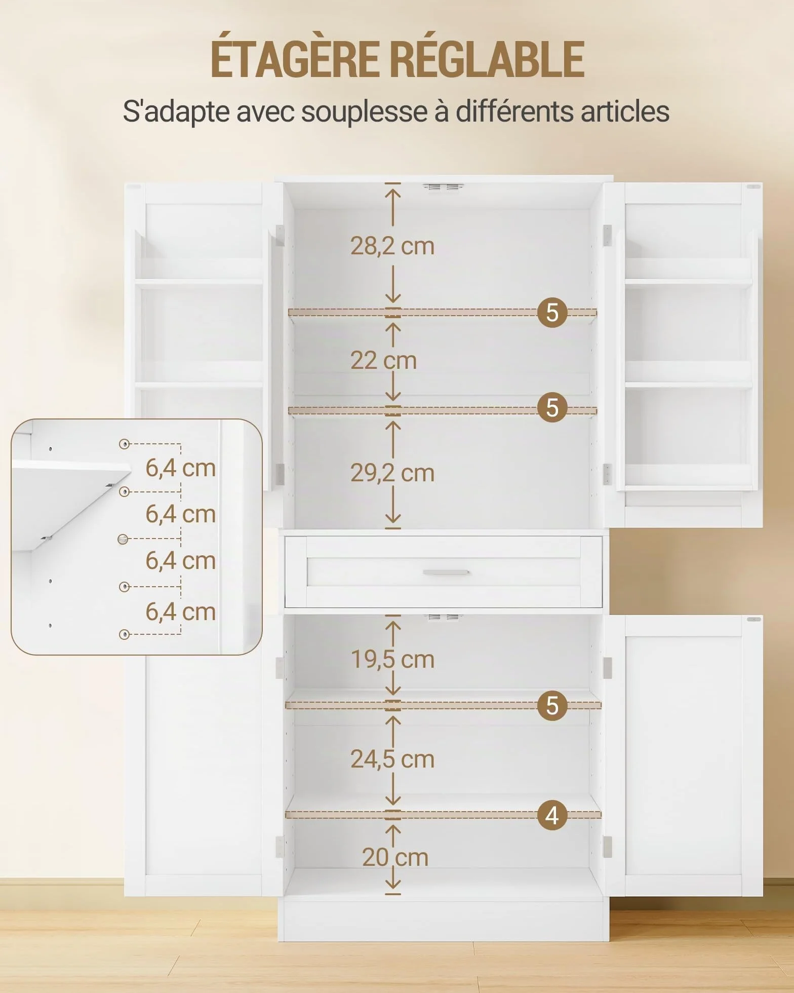 Hzuaneri Meuble Cuisine, Buffe Haute avec Porte-étagère 6 Niveaux, Meuble de Rangement avec 4 Portes et 1 Grand Tiroir, Style Moderne, Cuisine, Salon, 40 x 80 x 180 cm, Blanc PT21003X