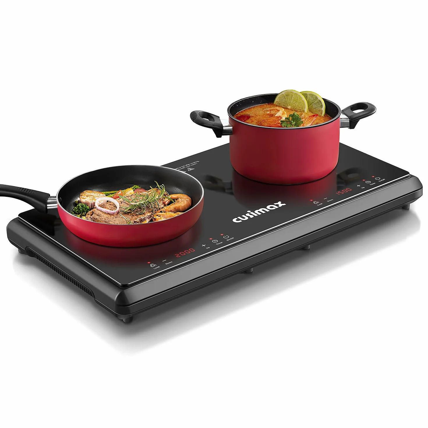 CUSIMAX Plaque de cuisson infrarouge 3500 W en acier inoxydable, 2 plaques électriques avec écran LED, minuterie, contrôle tactile, protection enfant, noir