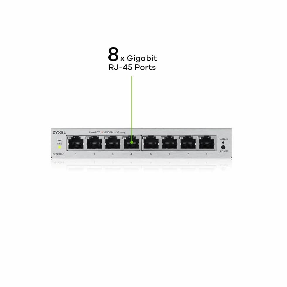 Zyxel Przełącznik sieciowy z 8 portami | zarządzany przez sieć Gigabit LAN Switch | QoS, agregacja linków, VLAN, IGMP Snooping | bez wentylatora | Komputer stacjonarny [GS1200-8v3]