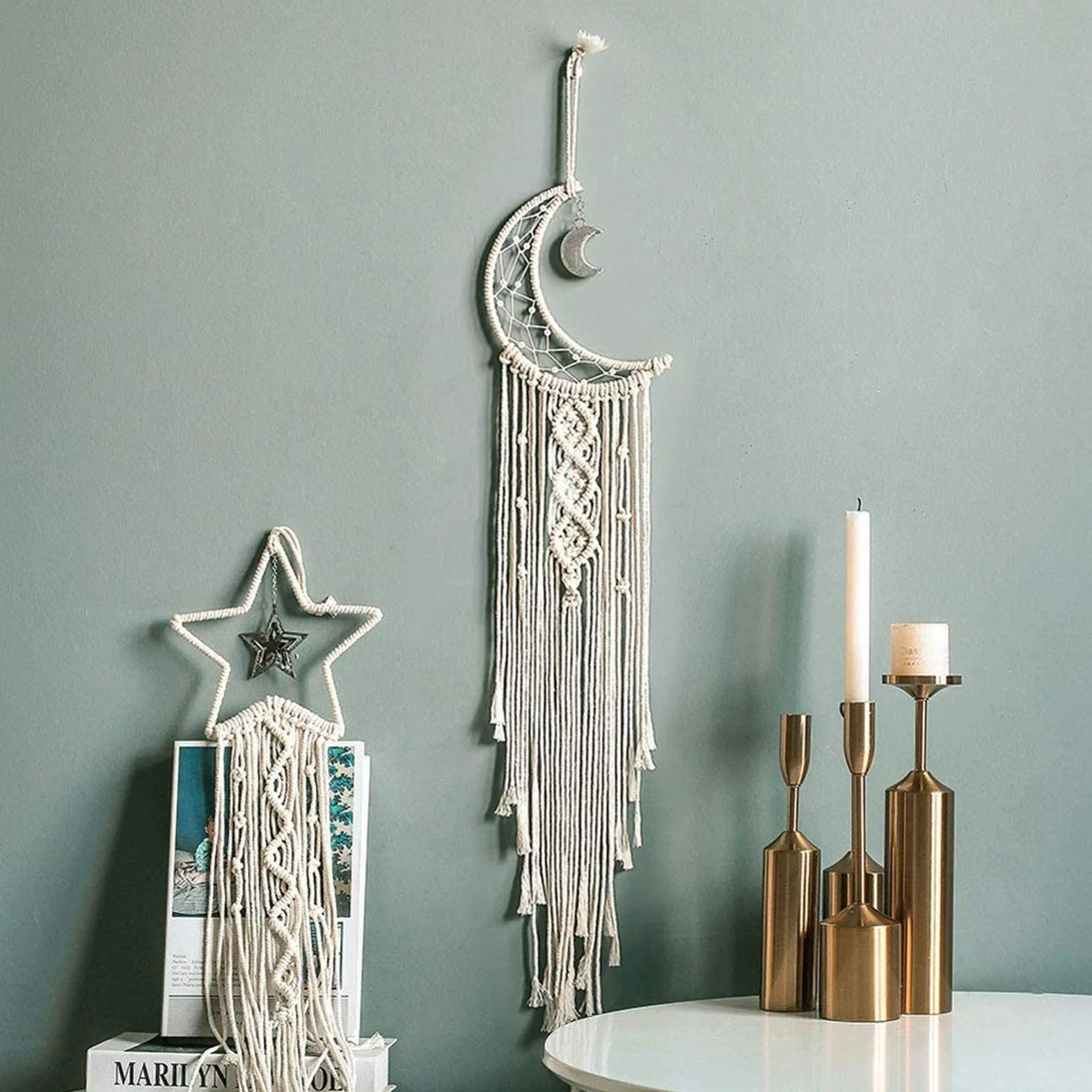 Macrame Attrape Reve avec LED String Light Macrame Mural Decoration Boheme Faite Main Lune Etoile Cadeau DIY Chambre