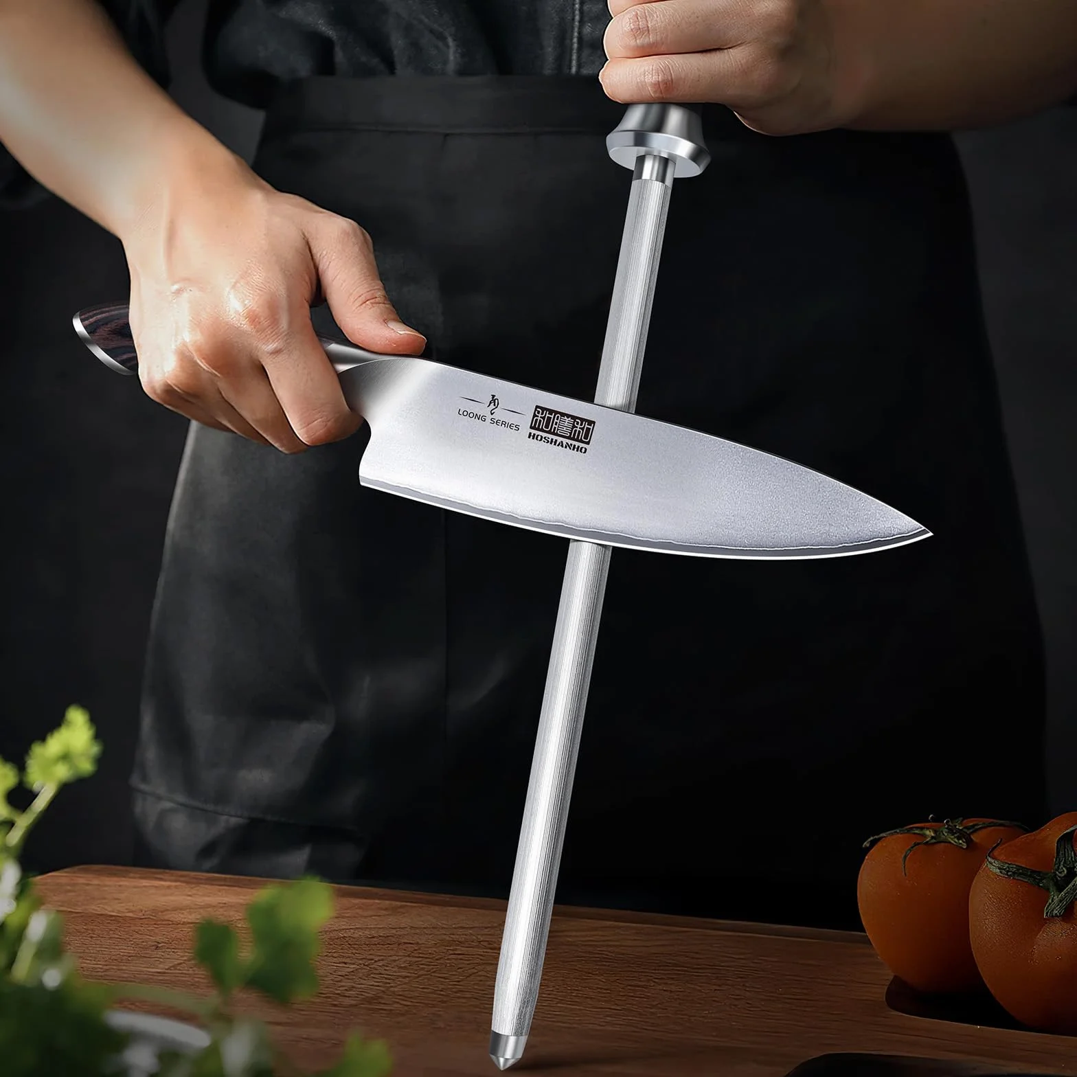 HOSHANHO Fusil à Aiguiser Professionnel 30 cm, Aiguiseur Couteaux de Cuisine avec Manche en Bois de Pakkawood