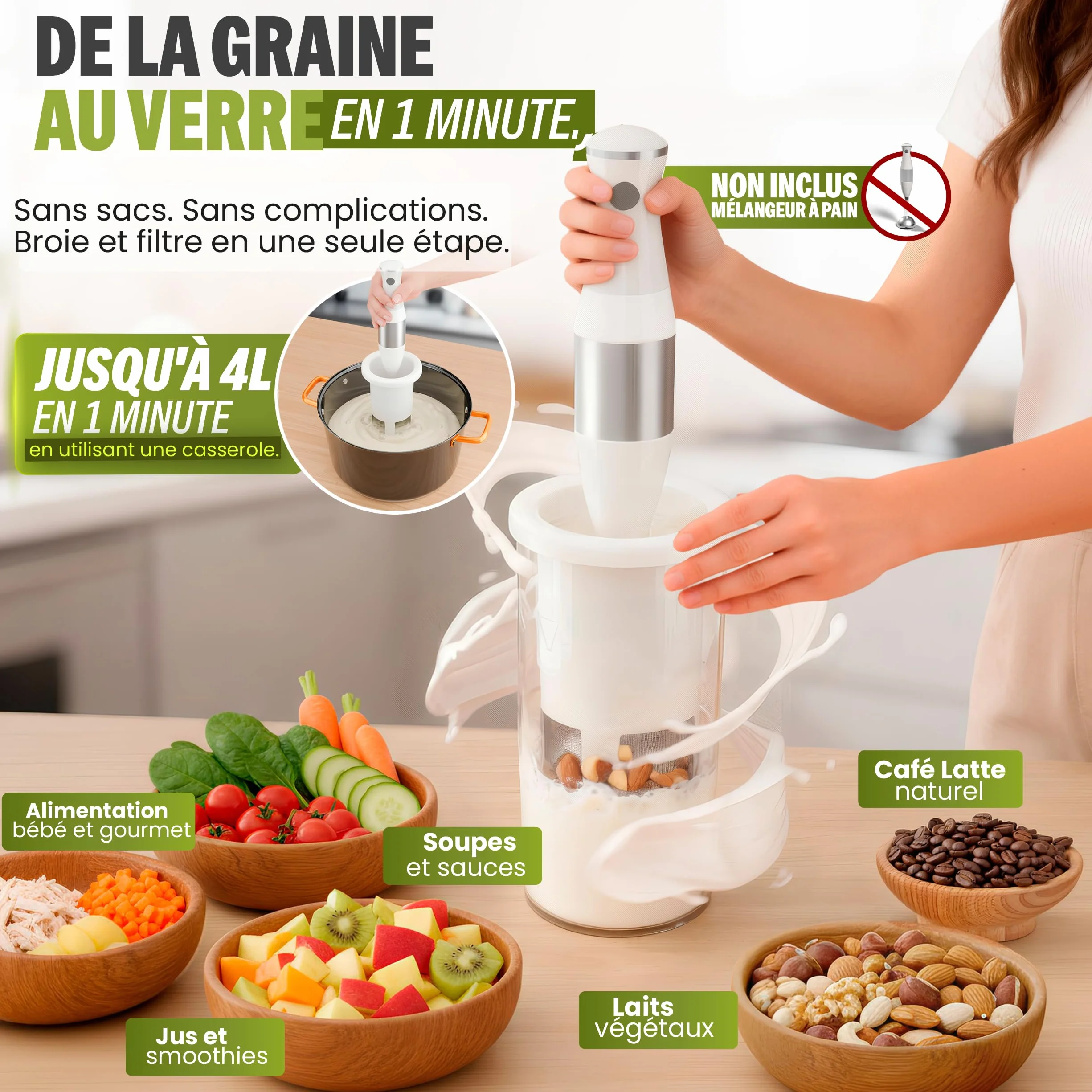 Vegan Milker Filtre Passoire Multifonction – Machine à Lait Végétal Maison Avoine, Amande, Soja | 1L en 1 Minute 100% Naturel avec Filtre | Compatible Mixeur | Ebook Recettes Inclus | Classic Blanc