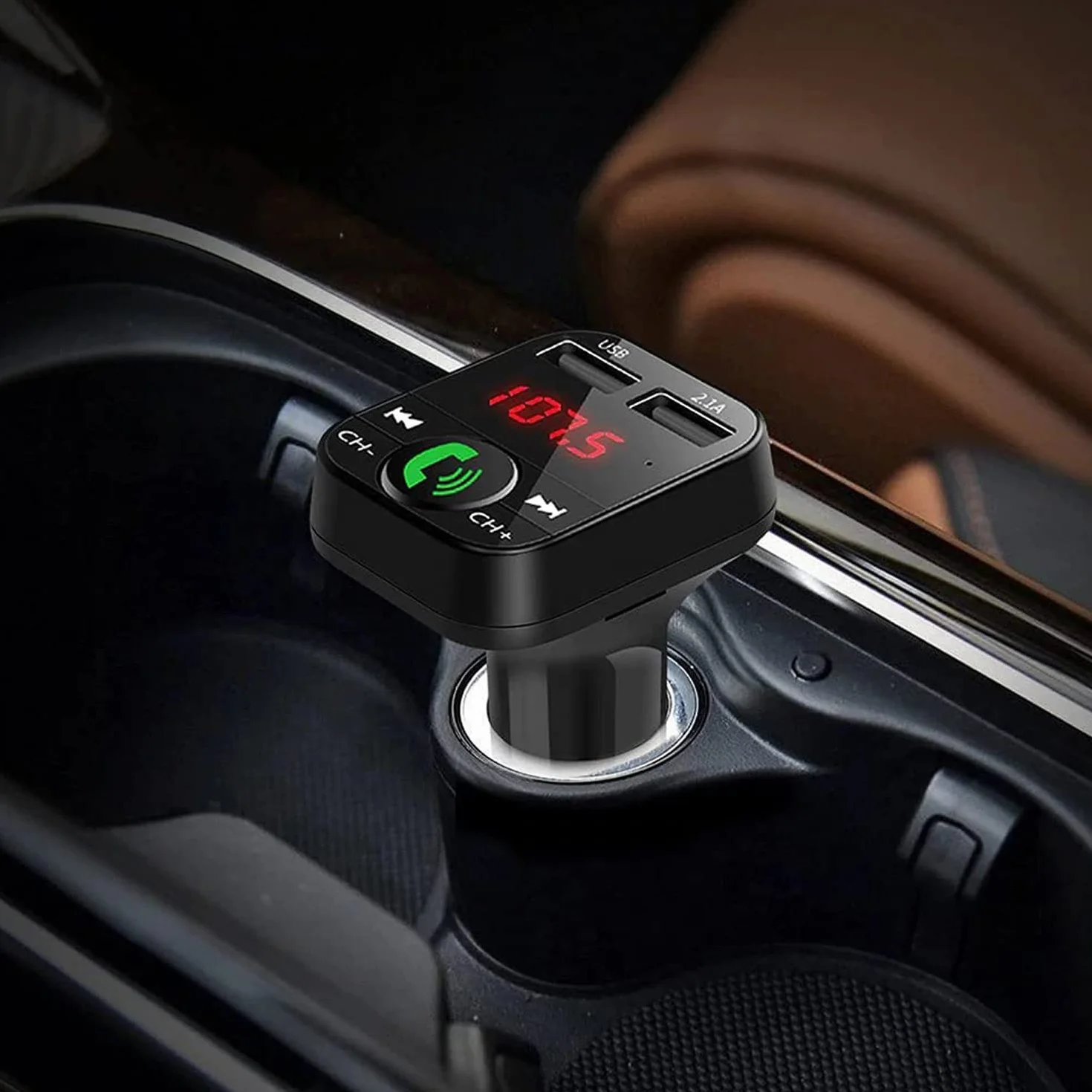 NK Bluetooth FM Transmitter For Car & Truck (12/24V) - zestaw głośnomówiący, odtwarzacz muzyczny Bluetooth V5.0 + EDR, odbiornik FM, adapter radiowy,USB - szybkie ładowanie 2.1A i uchwyt na pamięć USB