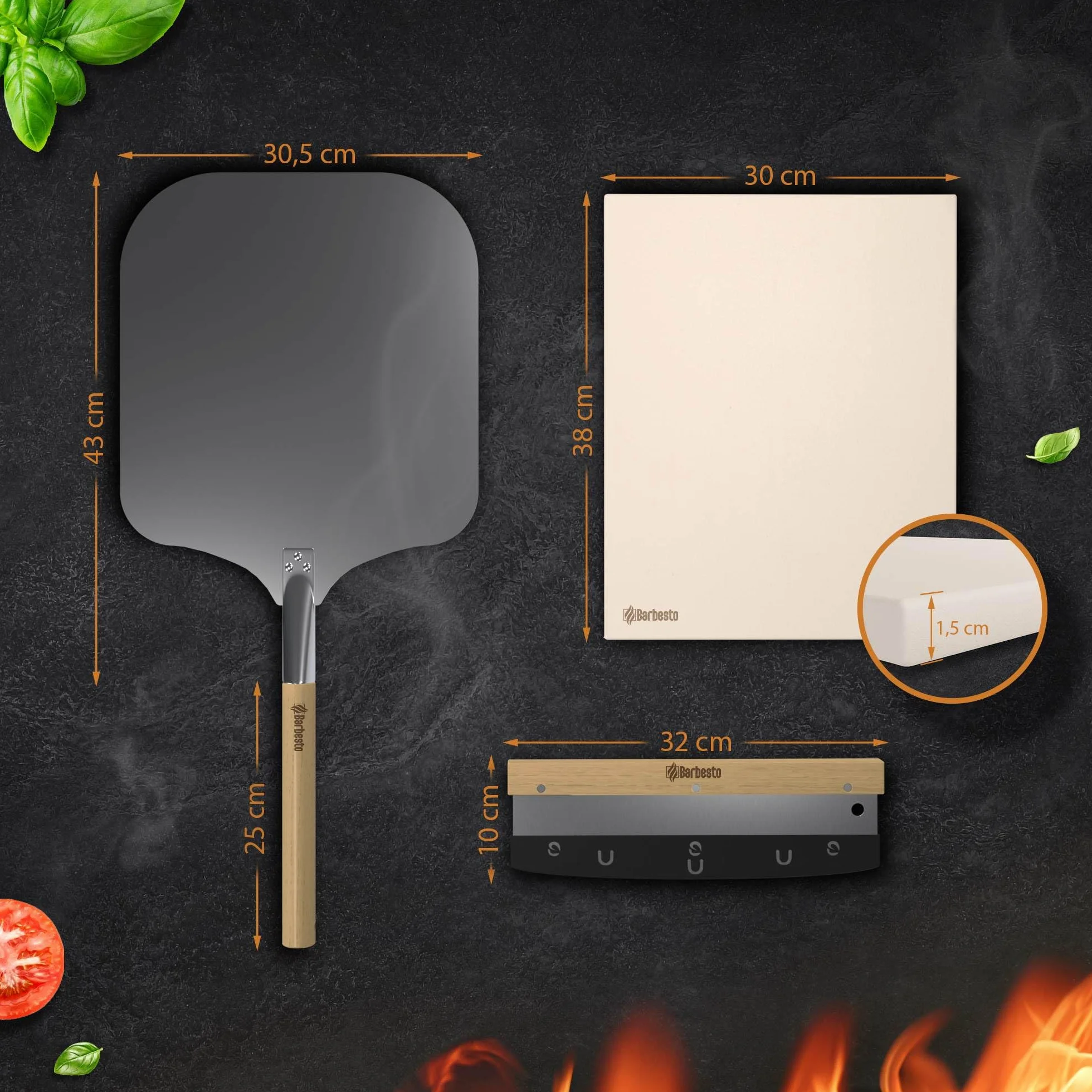 CLP Pierre À Pizza en Cordiérite avec Livre De Recettes I pour Four, Grill 38x30 CM I Seule Ou en Set avec Pelle À Pizza Et Coupeur, Contenu du Set:Pierre à Pizza+découpeur