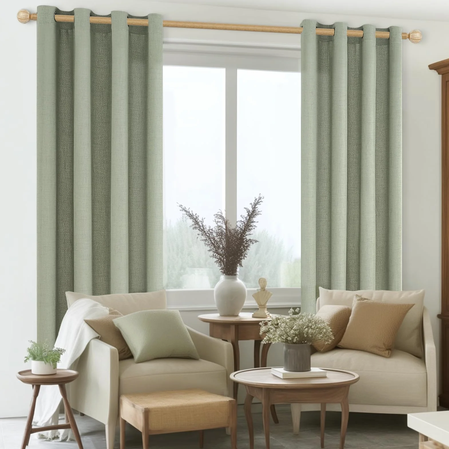 CUTEWIND Rideaux Voilage en Lin Vert Sauge Courts 140x145 CM, Rideau Voilage Fenetre Baie Vitrée Translucide à Oeillets, Rideau Voile Effet Lin pour Salon Chambre Cuisine, 2 Pièces