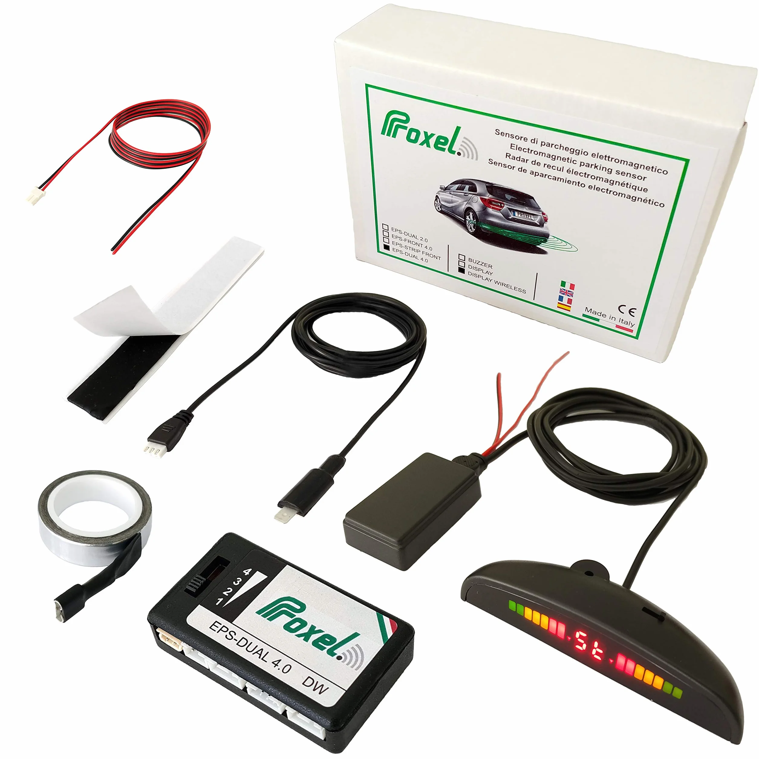 Proxel - Niewidoczne Elektromagnetyczne Czujniki Parkowania Przód + Tył z Bezprzewodowym Wyświetlaczem, bez Wiercenia Zderzaka, Uniwersalne i Oryginalne