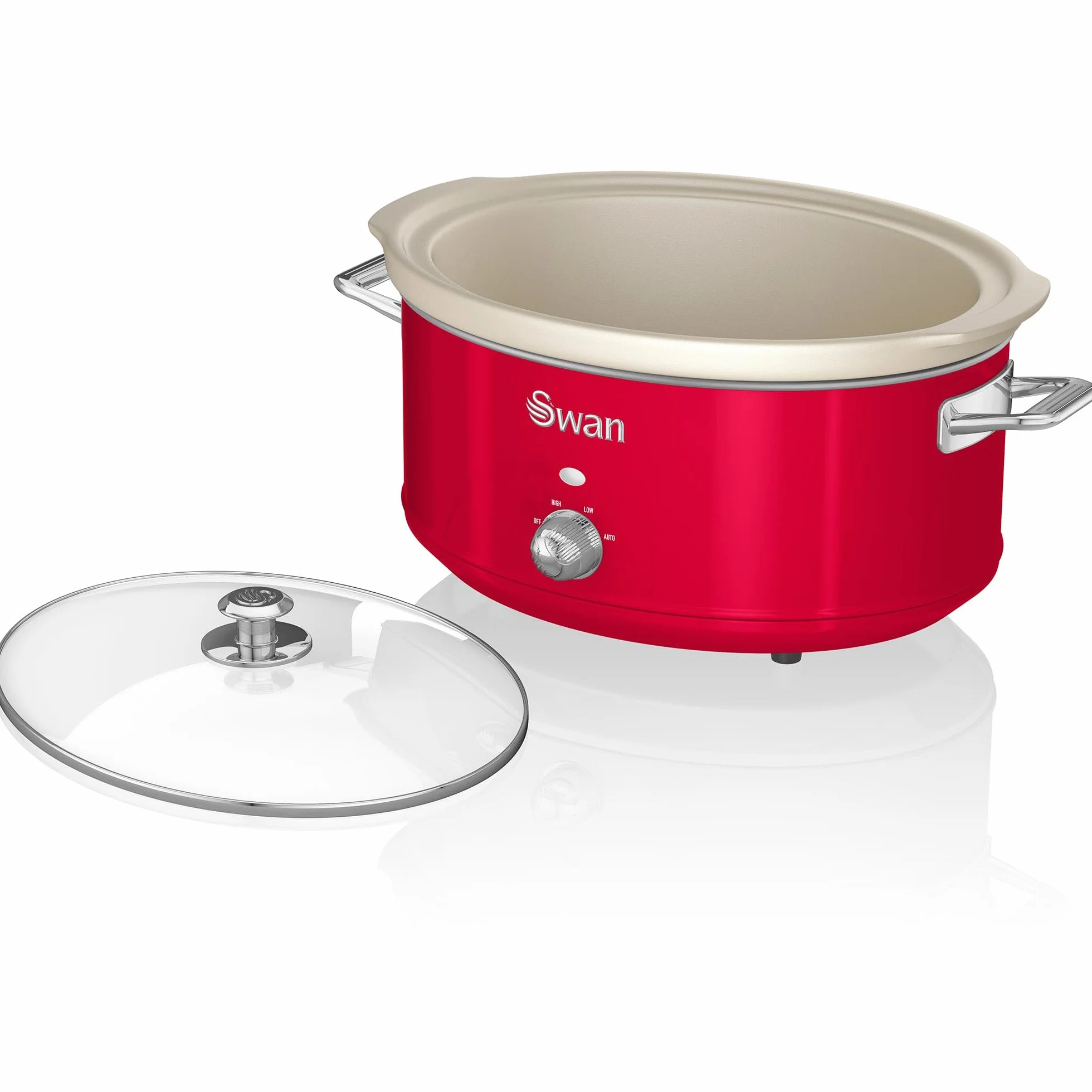 Swan Retro SF17031RNEU Mijoteuse, Récipient de Cuisson Amovible de 6,5 Litres, Slow Cooker, Céramique Antiadhésive sans PFOA ni PTFE, 3 Niveaux de température, Design Vintage, Rouge, 320W