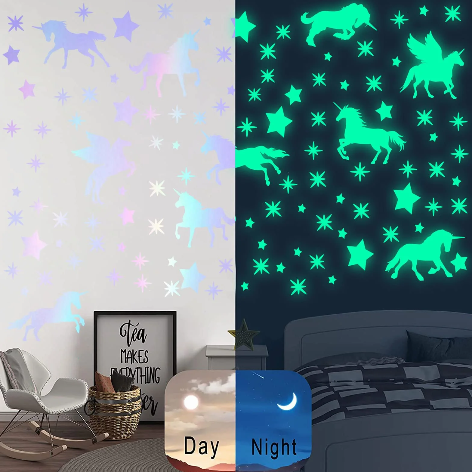 Autocollants Muraux Lumineux Étoiles Lune Fluorescentes pour Chambre Bébé Fille Enfants Décoration Plafond Vert