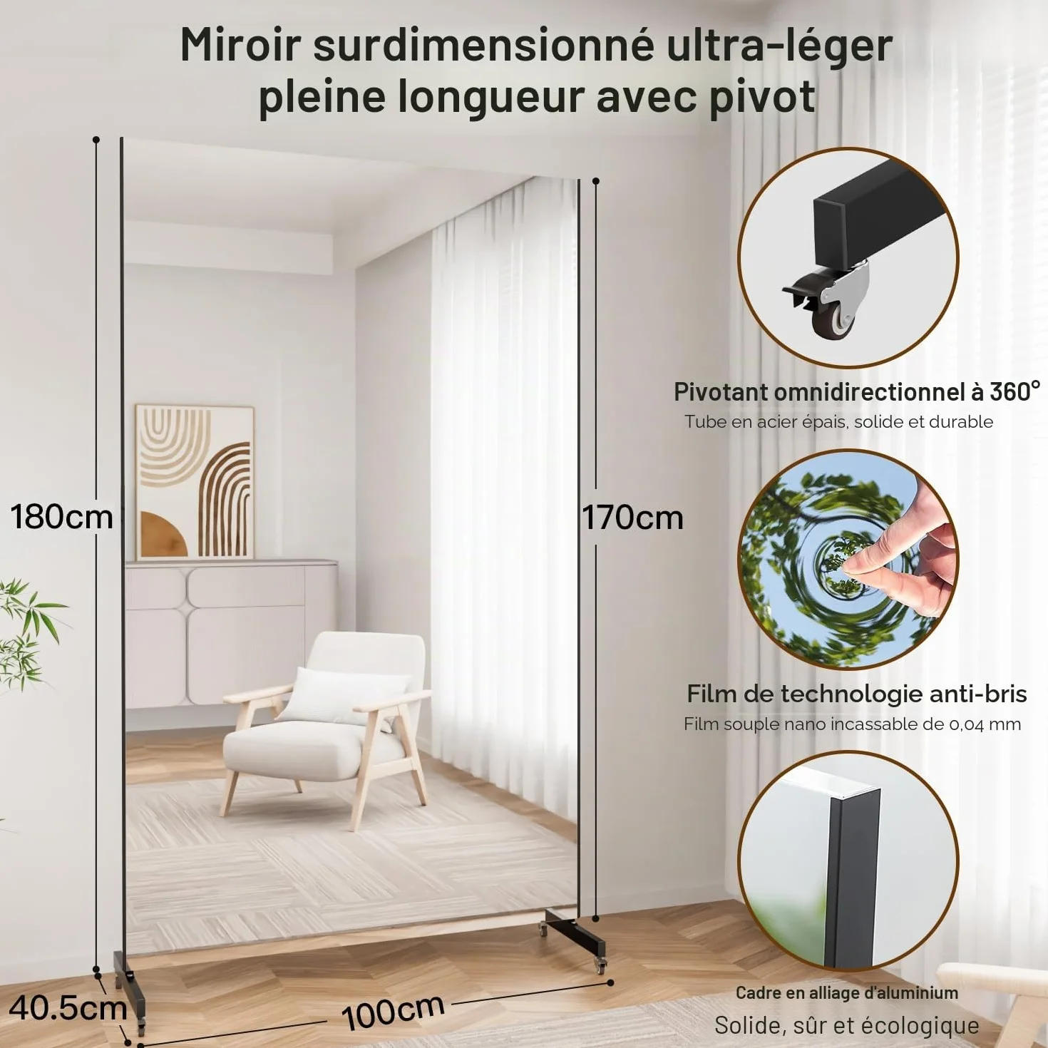 brisafe Miroir Pleine Longueur Incassable 170 x 100 cm, Noir | Sur Pied avec Roulettes, Pivotant à 360°, Pour Gym Danse Yoga, Grand Miroir