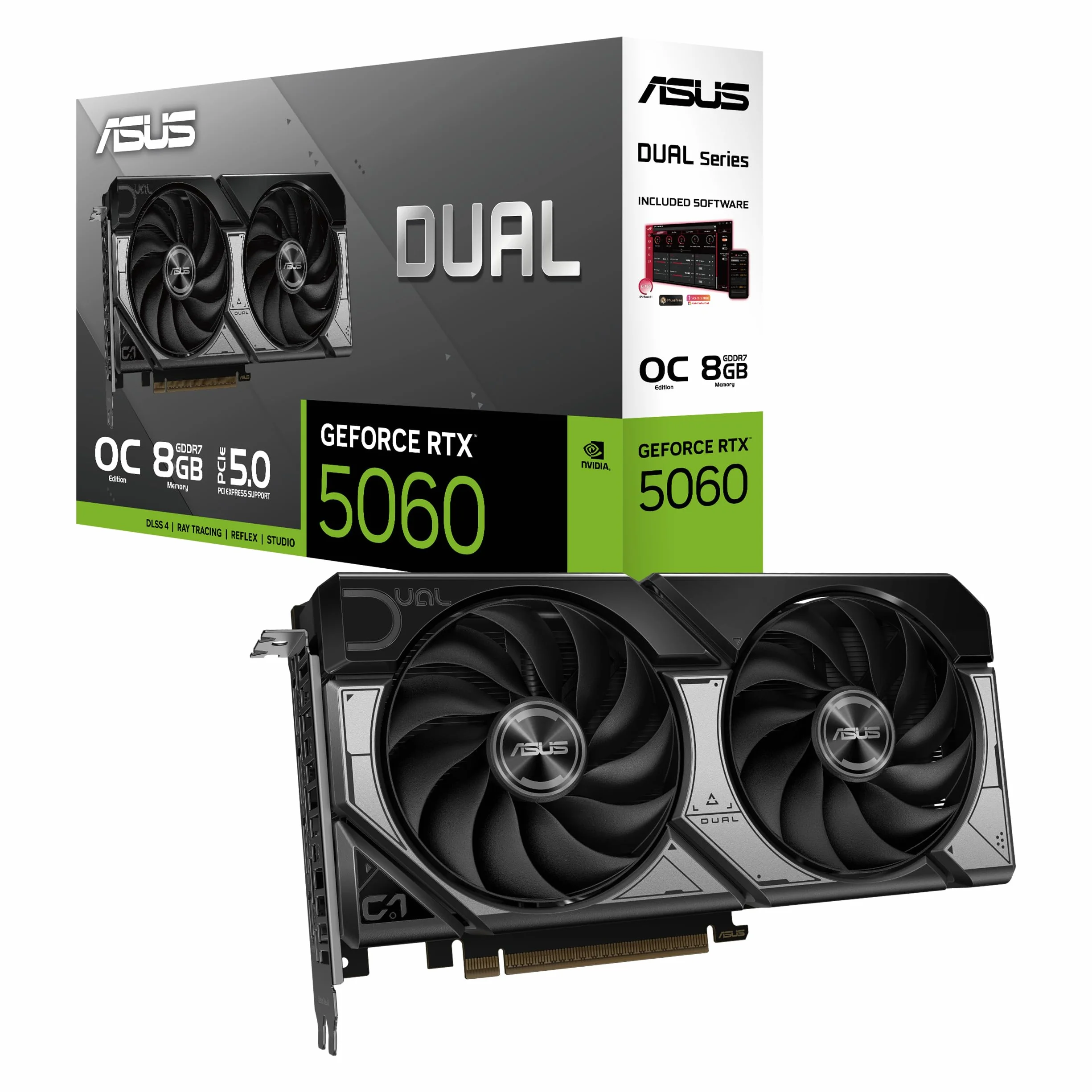 ASUS DUAL RTX5060 OC, PCIe5, 8 GB DDR7, HDMI, 3 DP, zegar 2565 MHz, podkręcony, kompaktowy SFF-Ready