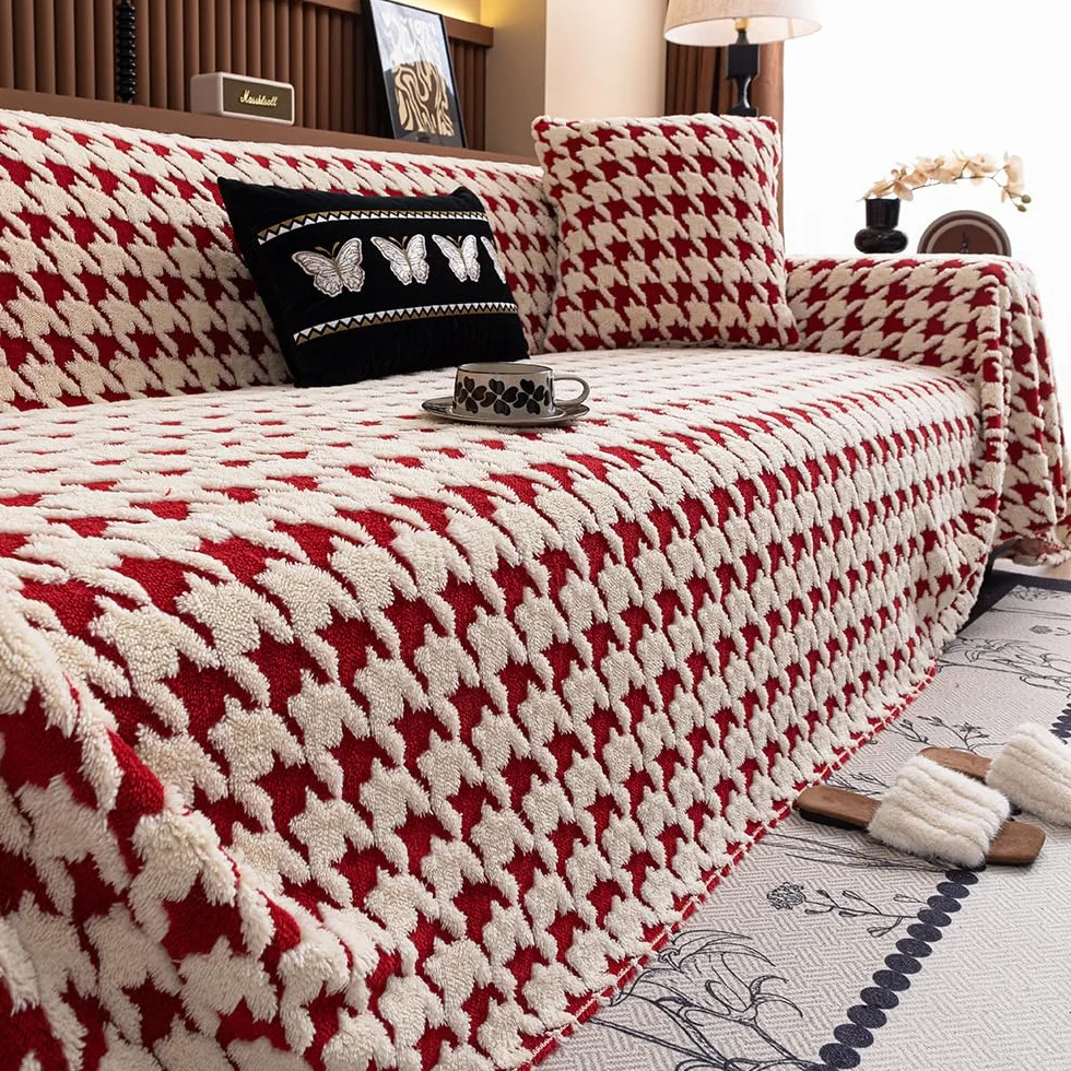 Highdi Housse de Canapé Anti-poussière Protège Chat Chien Anti Griffe Plush Houndstooth Lavable Couverture 180x230cm Rouge