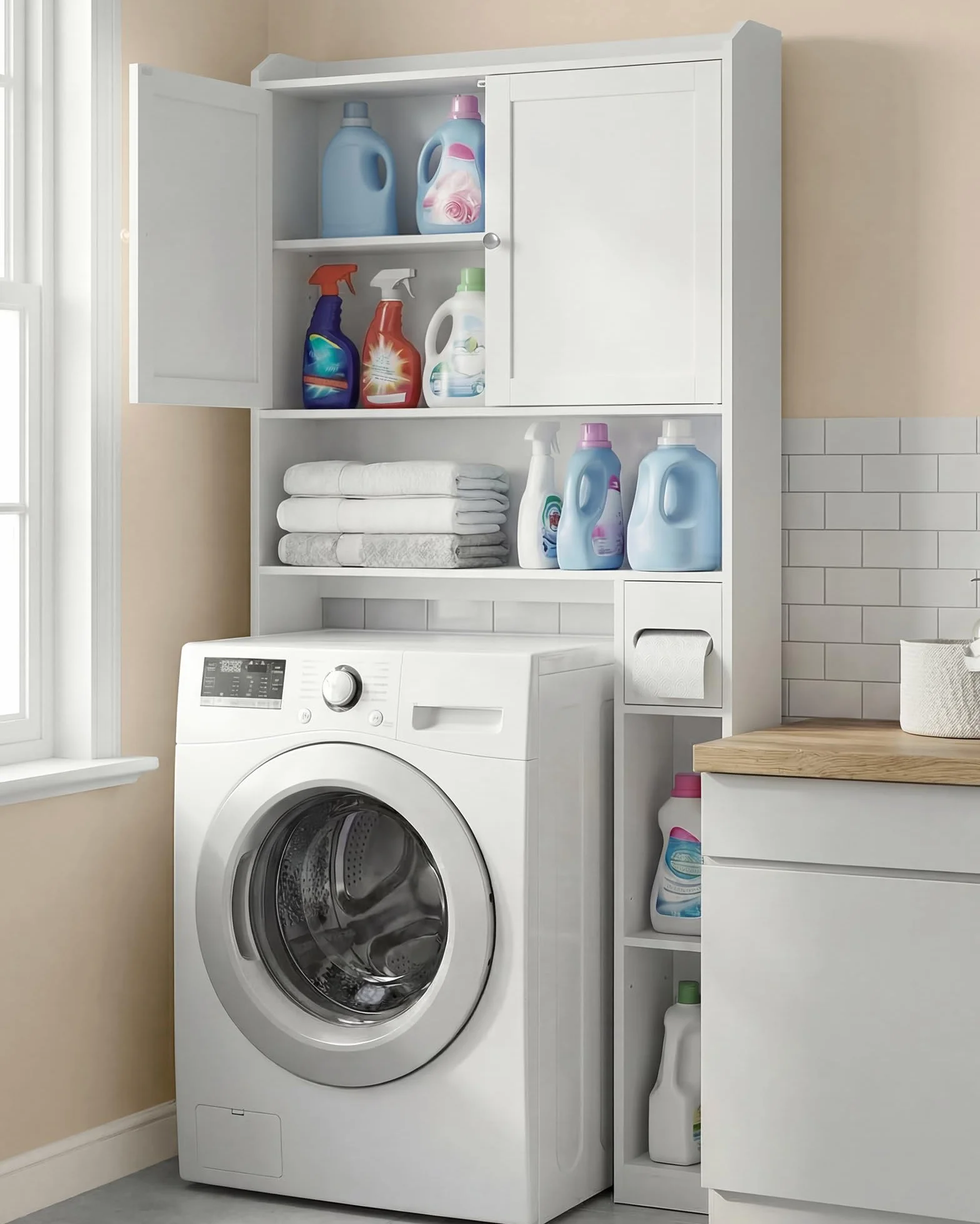 VASAGLE Meuble WC, Armoire pour Machine à Laver, Étagères Ajustables, Économie d’Espace, Adapté à la Plupart des Toilettes, Moderne, 20 x 79,1 x 170 cm, Blanc Nuage BTS018W01V1