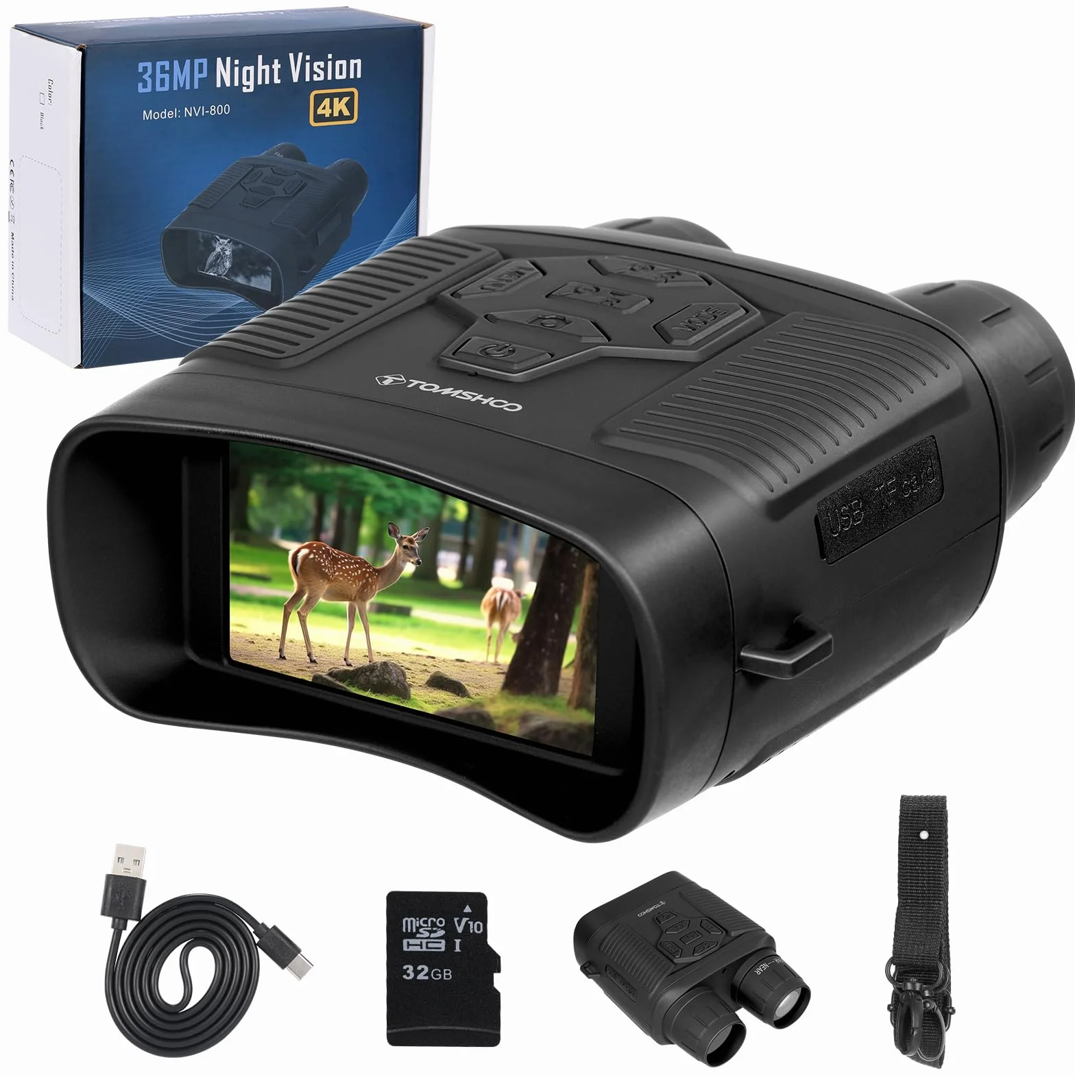 TOMSHOO Noktowizor, 4K 36 MP 300 m, gogle Night Vision z 4000 mAh, możliwość ponownego ładowania, karta pamięci 32 G, zoom cyfrowy 6,8x, reflektor IR 850 nm do monitorowania, obserwacji zwierząt