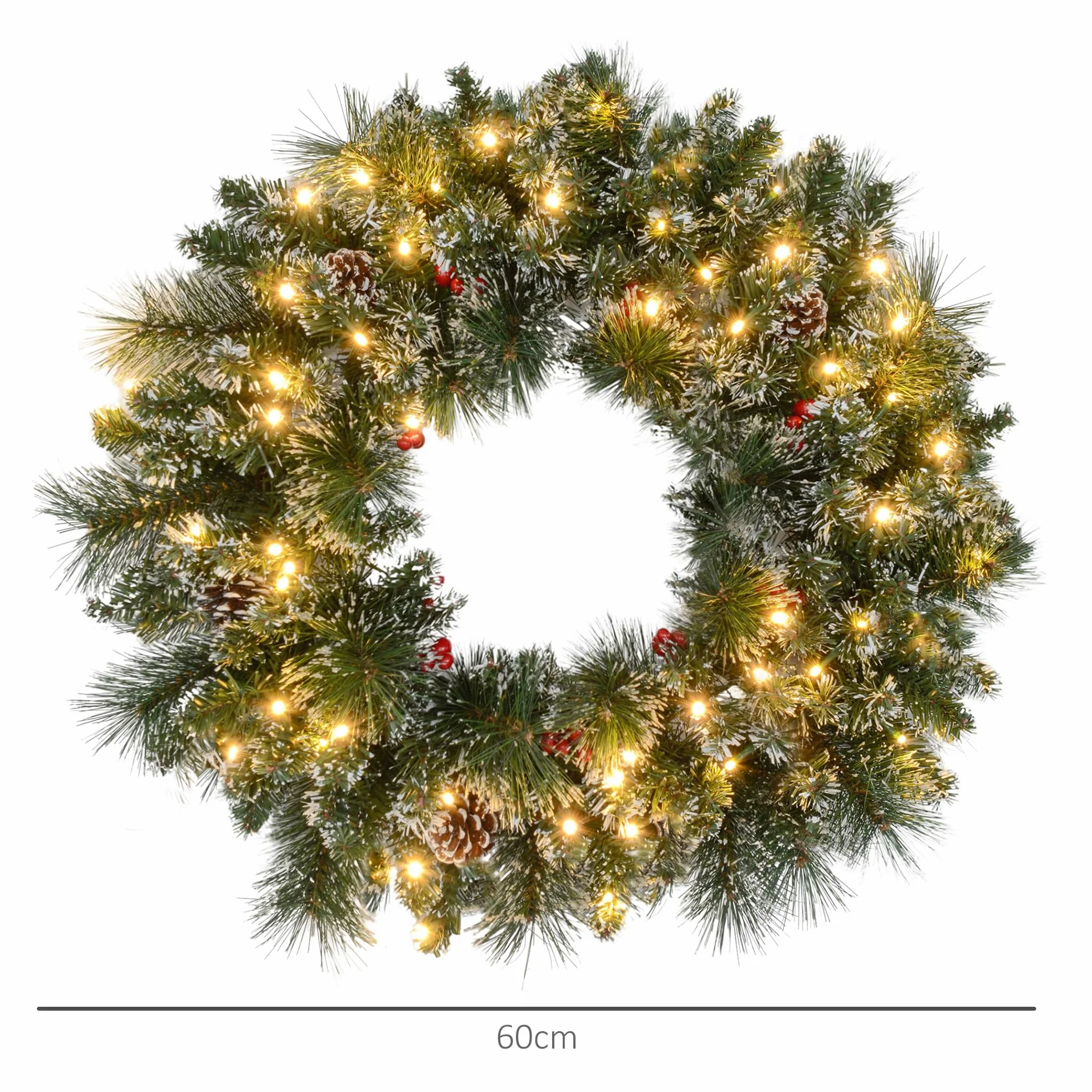 HOMCOM Couronne de Noël Porte Artificielle 60 CM décoration de Noël Lumineuse avec Pommes de pin et grappes de Baies, lumières LED et minuterie, pour Porte, fenêtre ou cheminée, Vert