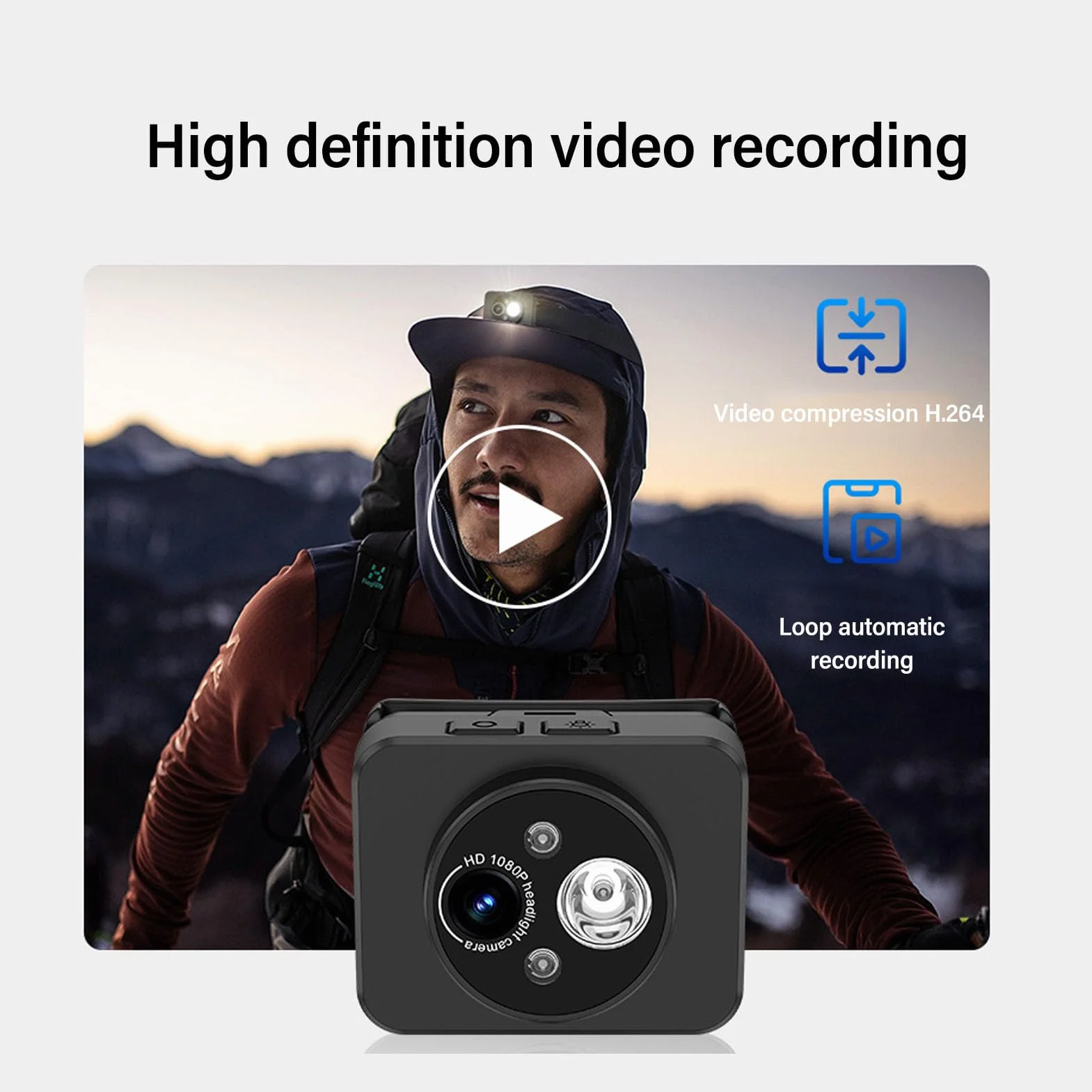 Kamera Wideo Montowana na Głowie, Kamera Czołowa LED 1080P, Rejestrator Wideo Montowany na Głowie z Oświetleniem Regulowanym Pod Kątem 45°,Inteligentne Wykrywanie, Bateria 1000MAh
