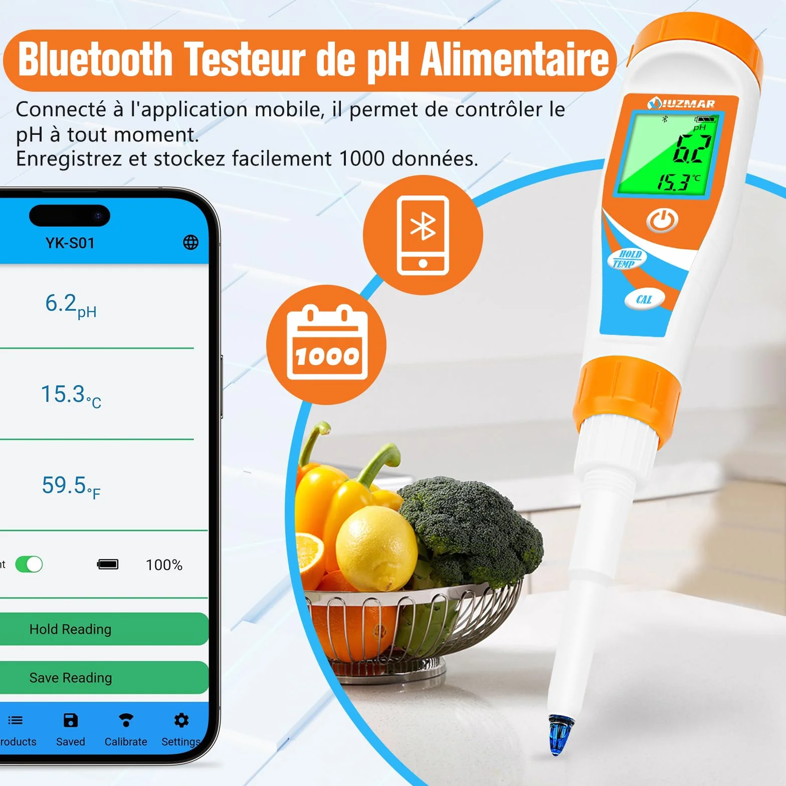 UIUZMAR pH Mètre Intelligent pour Aliments Kit de Test pH pour Levain et Pâte à Pain Testeur de pH Professionnel pH-mètre Numérique pour Piscine, Saucisses, Viande, Fromage Autres solide et Liquide