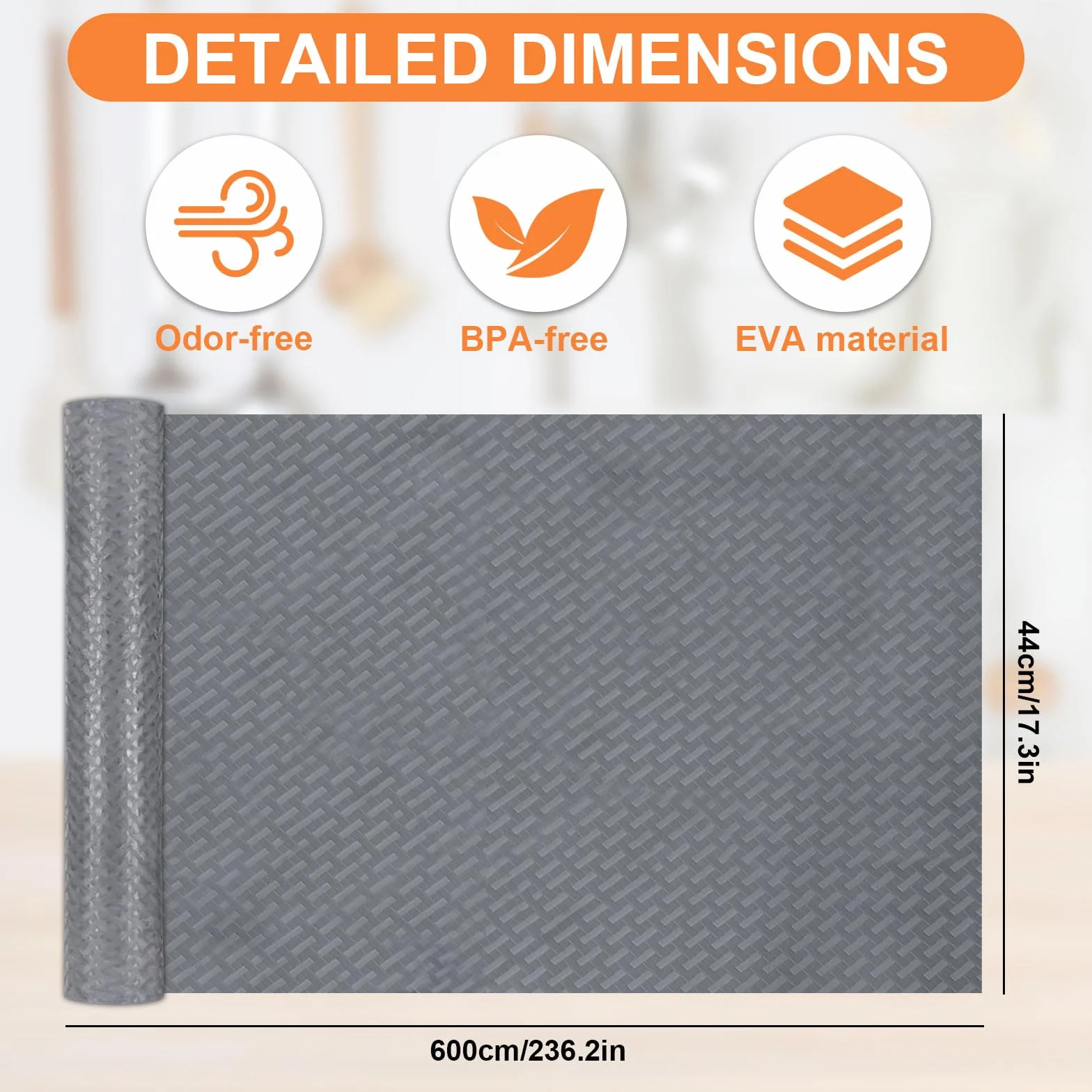 Tapis Fond de Tiroir Antiderapant 44x600cm EVA Imperméable Protection Tiroir Placard Cuisine Gris