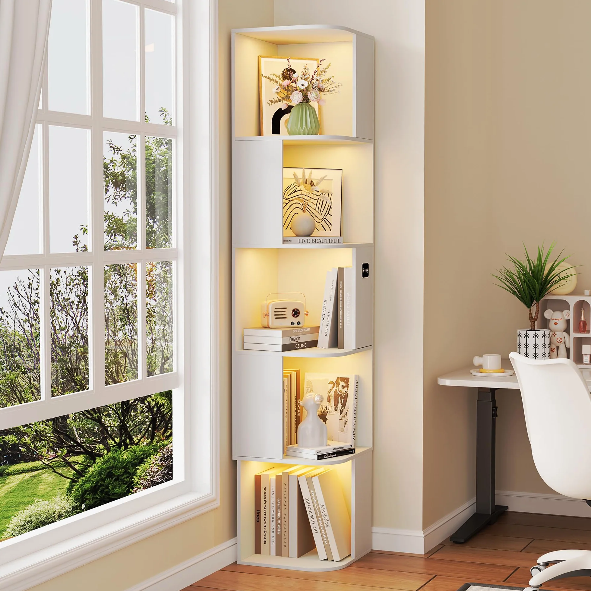 Gurexl 165 CM Vitrine avec Lumières LED 3 Couleurs,Asymétrique Bibliothèque avec étagères à 5 Niveau,Vitrine d'angle avec Capteur Humain pour Salon,Noir pour Salon,Bureau,Chambre,Blanc