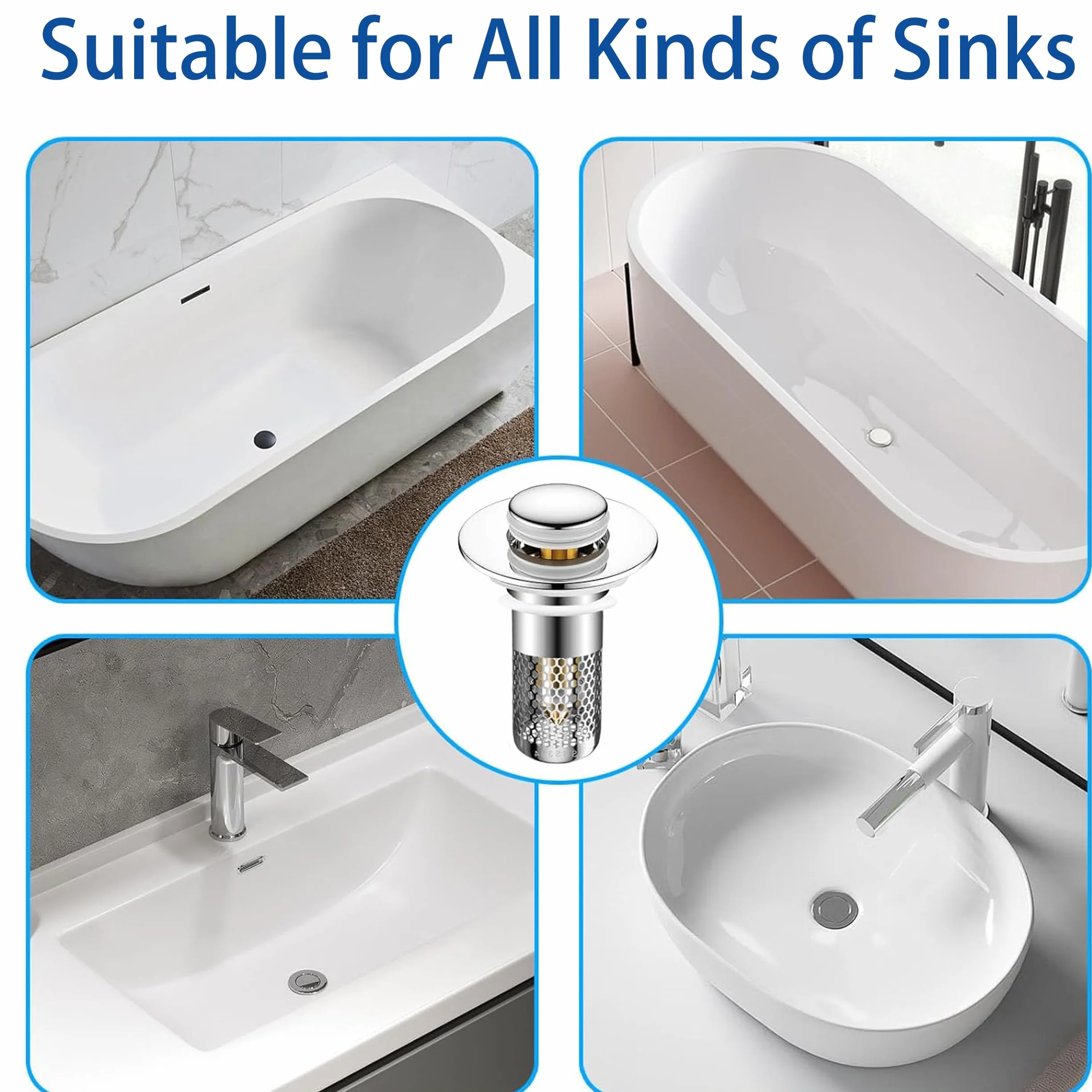 Bonde de Lavabo Clic Clac Universel 33-40 mm Acier Inoxydable Anti-Odeur Lot de 2