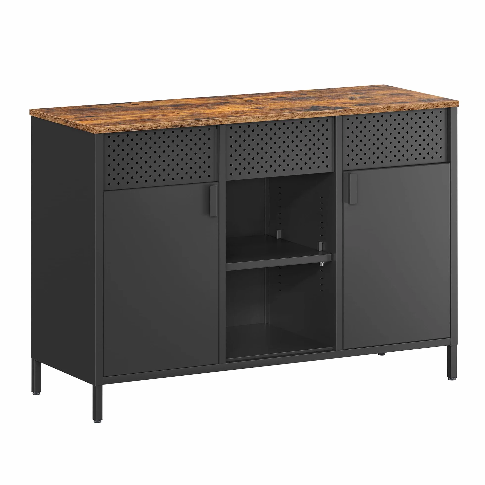 SONGMICS Meuble de Rangement, Buffet, Meuble en Métal, Placard à Double Portes, Fermeture Magnétique, Étagères Réglables, Cadre en Acier, Marron Rustique et Noir Mat LSC204B01