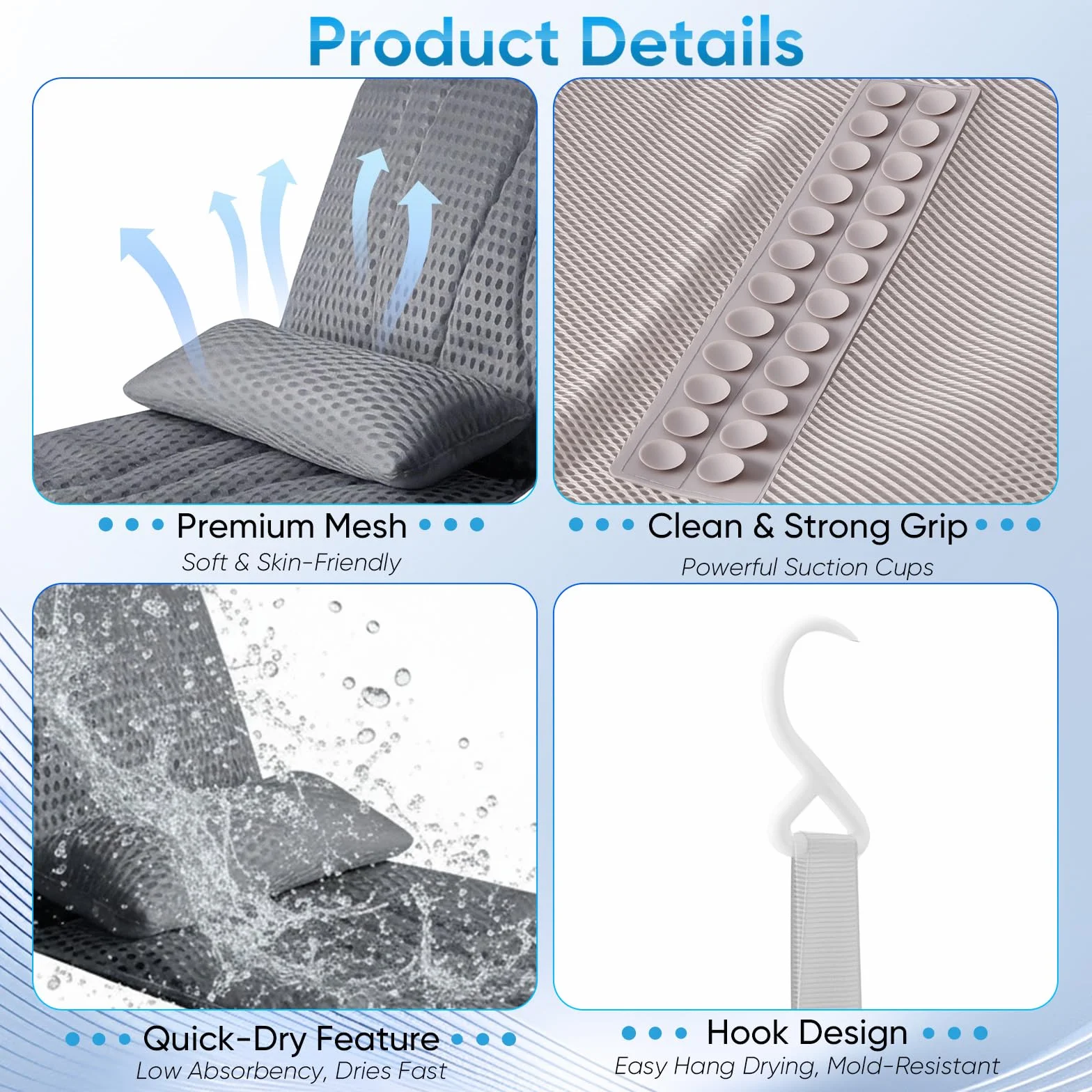 Coussin de bain Full Body avec coussin lombaire - Canapé de bain en maille 5D douce - Avec ventouses et appui-tête - 142 x 48 cm - Gris