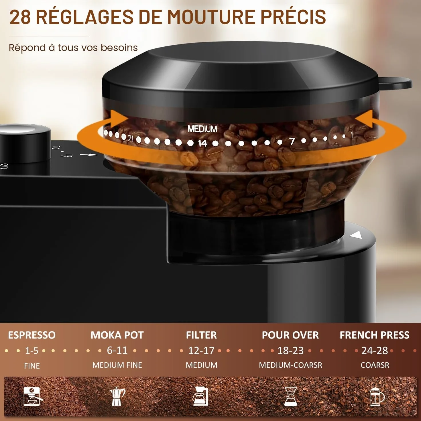 Moulin à café électrique, KIRAINAFLY moulin à café ajustable avec 28 réglages de mouture précis pour le French press, le café goutte à goutte et l'espresso, 12 tasses (Noir)