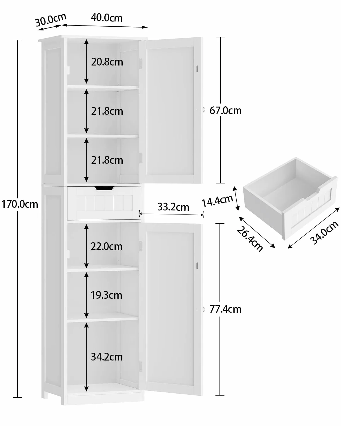 TEENFON Meuble de Salle de Bain avec Portes, Armoire de Rangement Colonne avec Étagères Réglables et Tiroirs, Blanc (40x30x170cm)