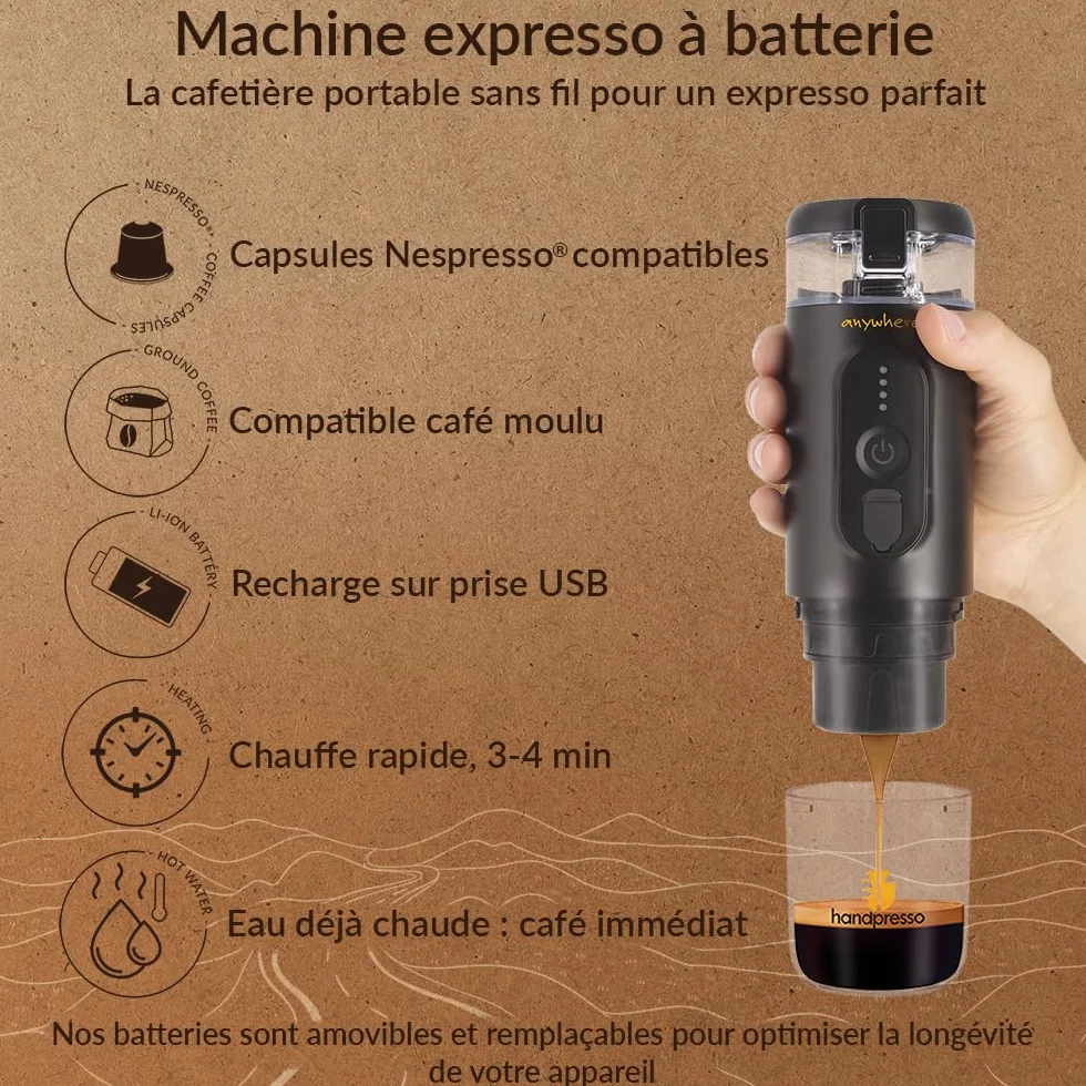 Handpresso - Cafetière portable E-Presso 21700 | Machine a cafe portable avec batterie USB réservoir 60ml - Cafetiere de voyage pour capsules expresso ou café moulu – mini cafetière à batterie