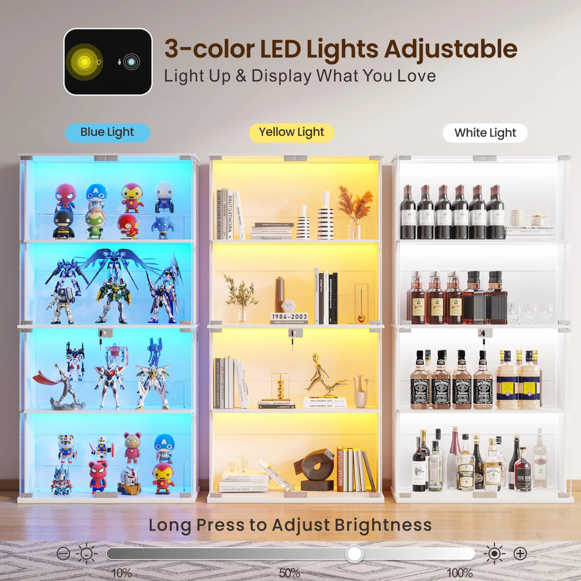 Lvifur Vitrine avec éclairage LED et Portes vitrées pour Objets de Collection et vin, 35 × 70 × 168 cm, vitrine 4 Niveaux avec capteurs intelligents pour Salon et Chambre, Blanche