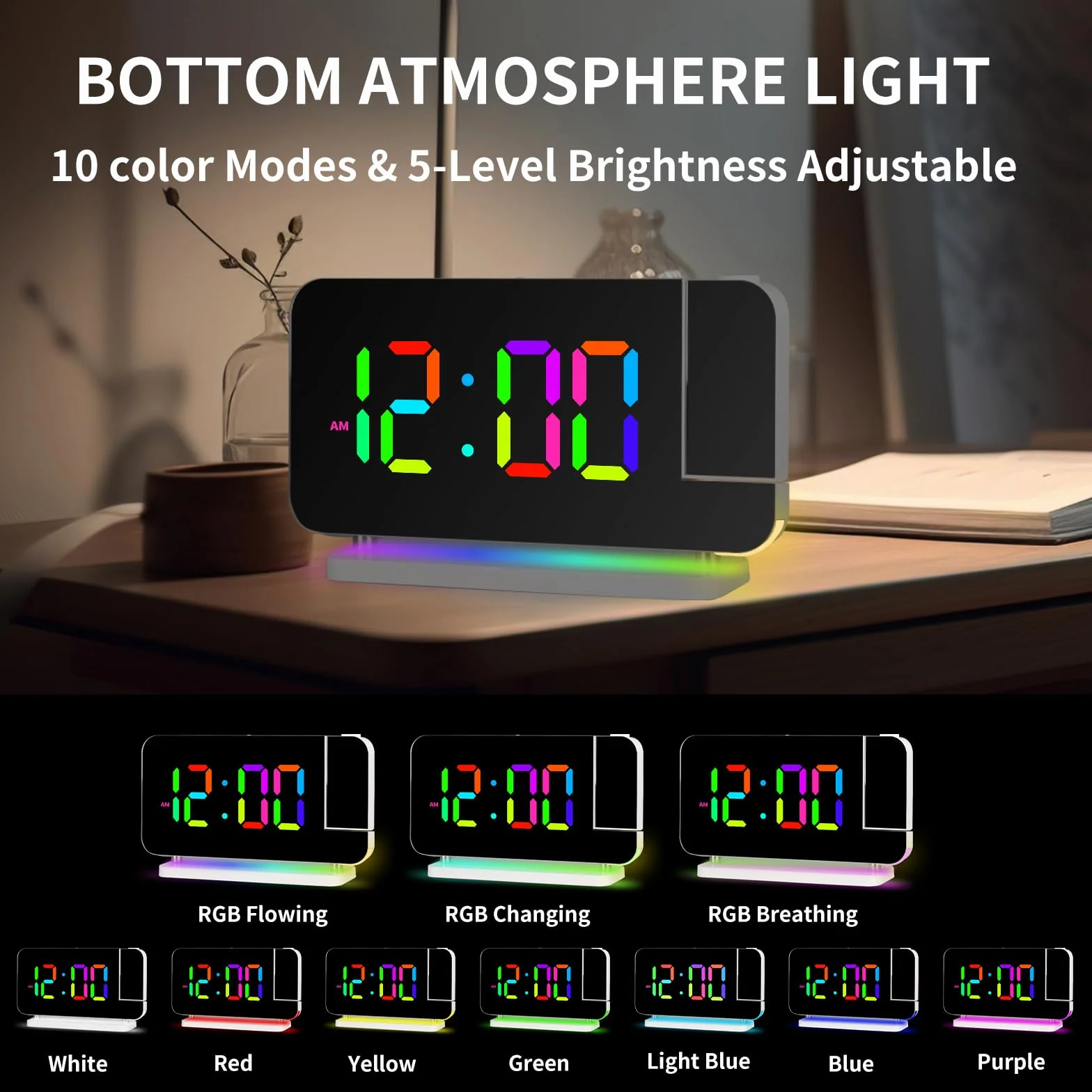 Horloge Projection Numérique LED RGB Réveil Lumière d'Ambiance 7 Couleurs avec Adaptateur