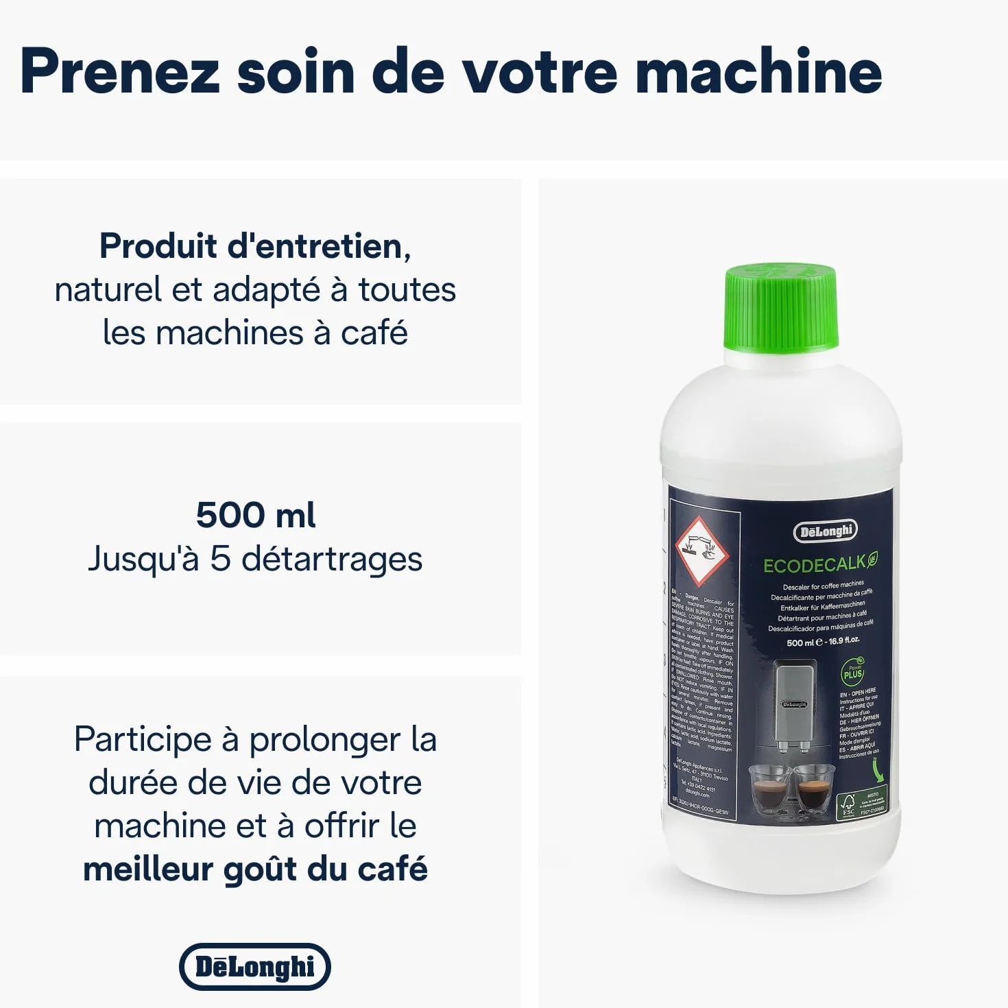 De'Longhi EcoDecalk Détartrant DLSC500, 5 Doses, 500ml, Accessoire de Maintenance pour Machine à Café