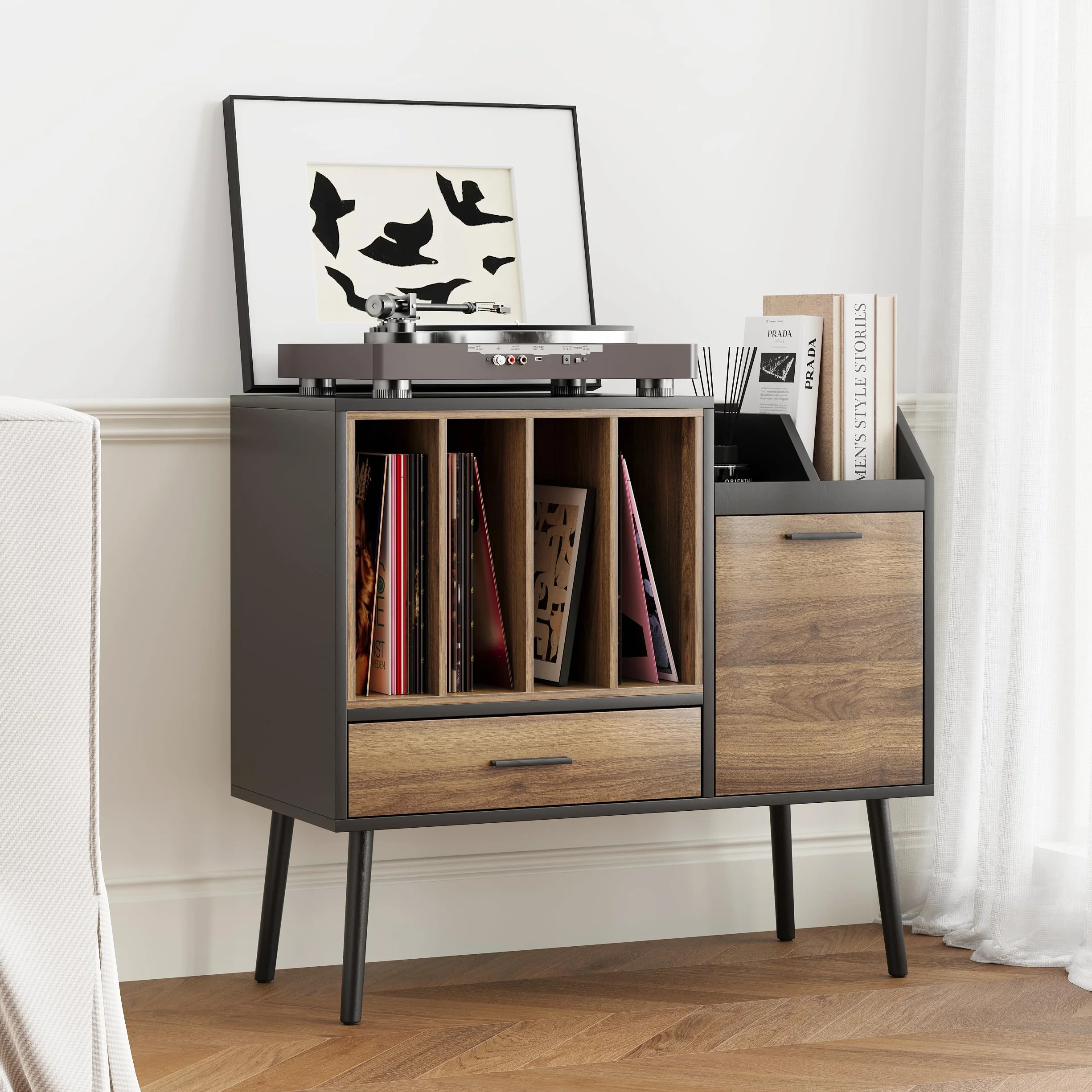 Semiocthome Support de Tourne-Disque avec Caisse en Vinyle, Table de Rangement avec tiroir et Pieds massifs, Plateau pour platines tournantes (Grande)
