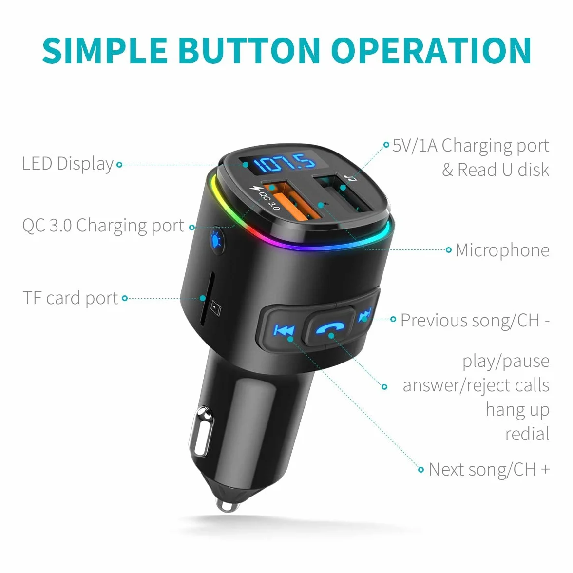 ORIA nadajnik FM Bluetooth, adapter radiowy samochodowy, z Siri Assistant, QC 3.0 USB Port, samochodowy Bluetooth adapter muzyczny, zestaw samochodowy, obsługuje kartę USB/TF, pistolet czarny