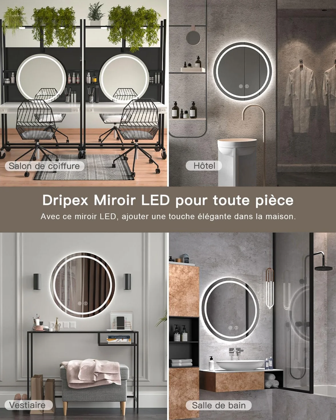 Dripex Miroir Salle de Bain avec Eclairage 50cm, Miroir LED Rond avec Anti-buée, 3 Couleurs Lumière, Dimmable, Fonction Mémoire, HD Verre Trempé, Capteur Tactile, IP44