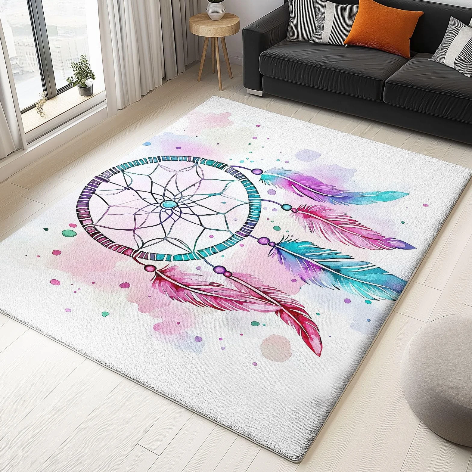 Tapis Rectangulaire antidérapant Tapis Attrape-Rêves Aquarelle Plumes Motif Salon Cuisine Anti Slip Lavable en Machine Doux Tapis Grand de Sol 80 x 150 cm pour Chambre et Couloir Cyan Violet