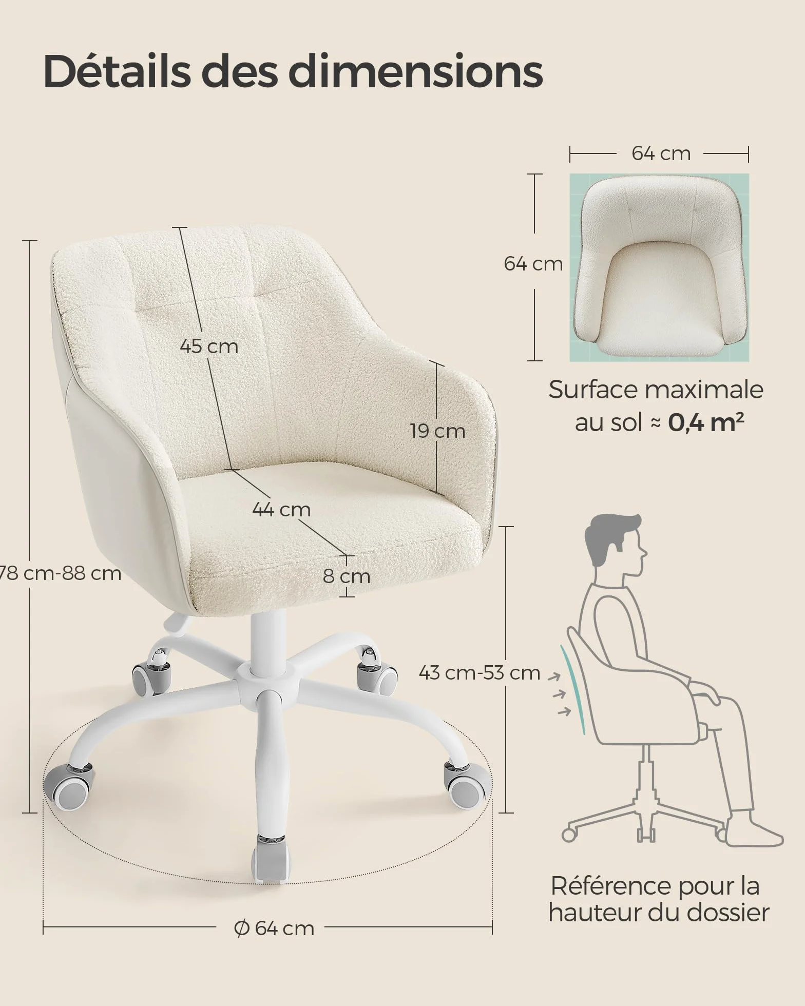 SONGMICS Chaise de Bureau Ergonomique Pivotante Réglable en Hauteur 110 kg Acier Tissu Peluche Respirant PU Beige Cappuccino