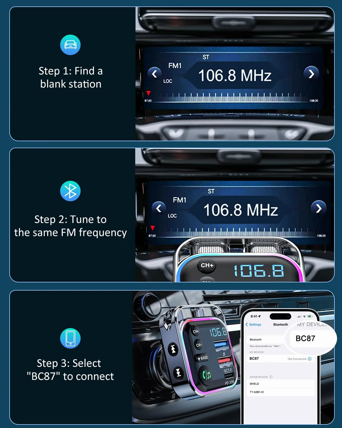 Lencent Bluetooth 5.3 nadajnik FM 48 W (PD30W i QC18W) szybka ładowarka, włącznik światła, dźwięk Hi-Fi bas, odtwarzacz muzyki, obsługa