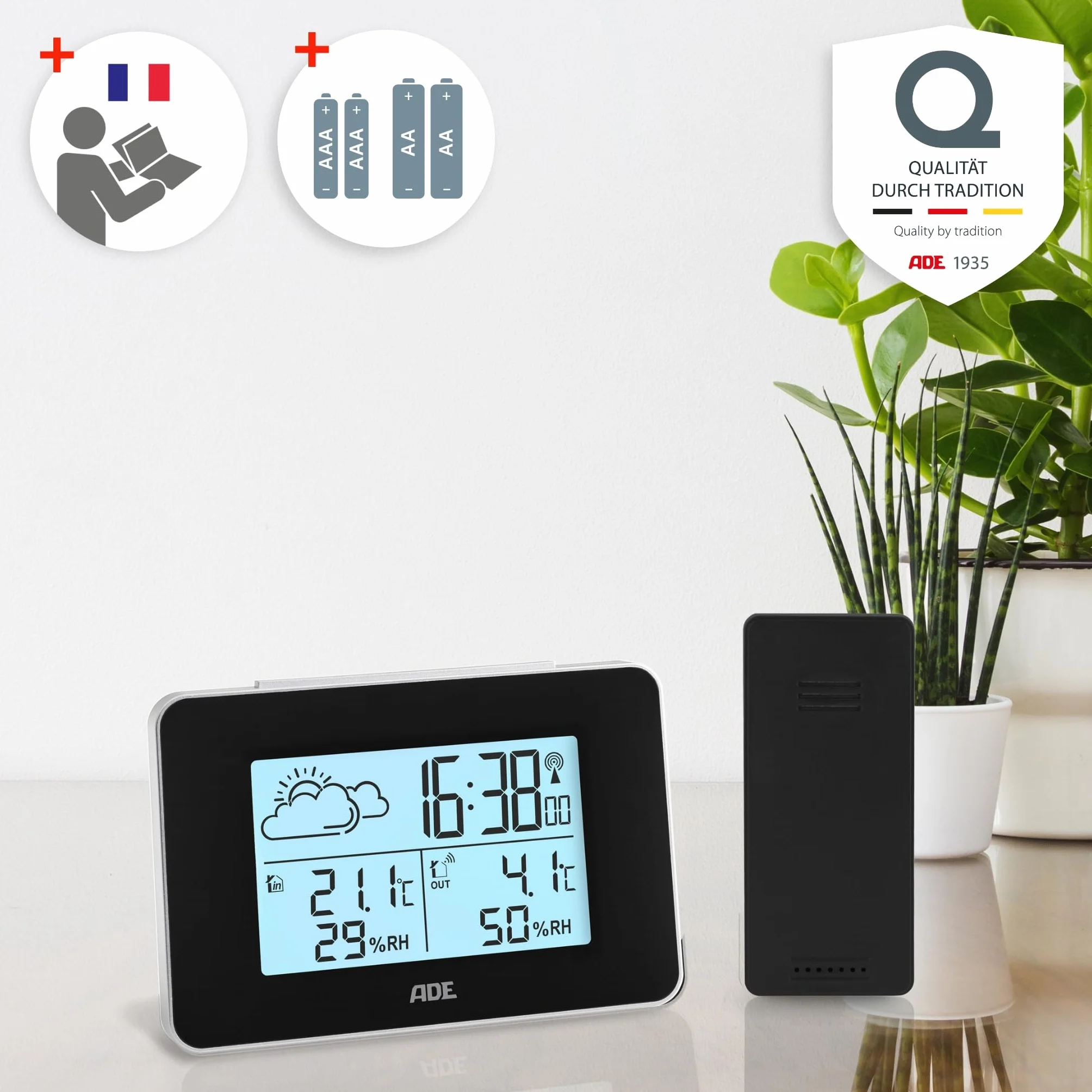 ADE Station météo intérieur avec capteur extérieur thermomètre hygromètre horloge DCF alarme écran LED noir