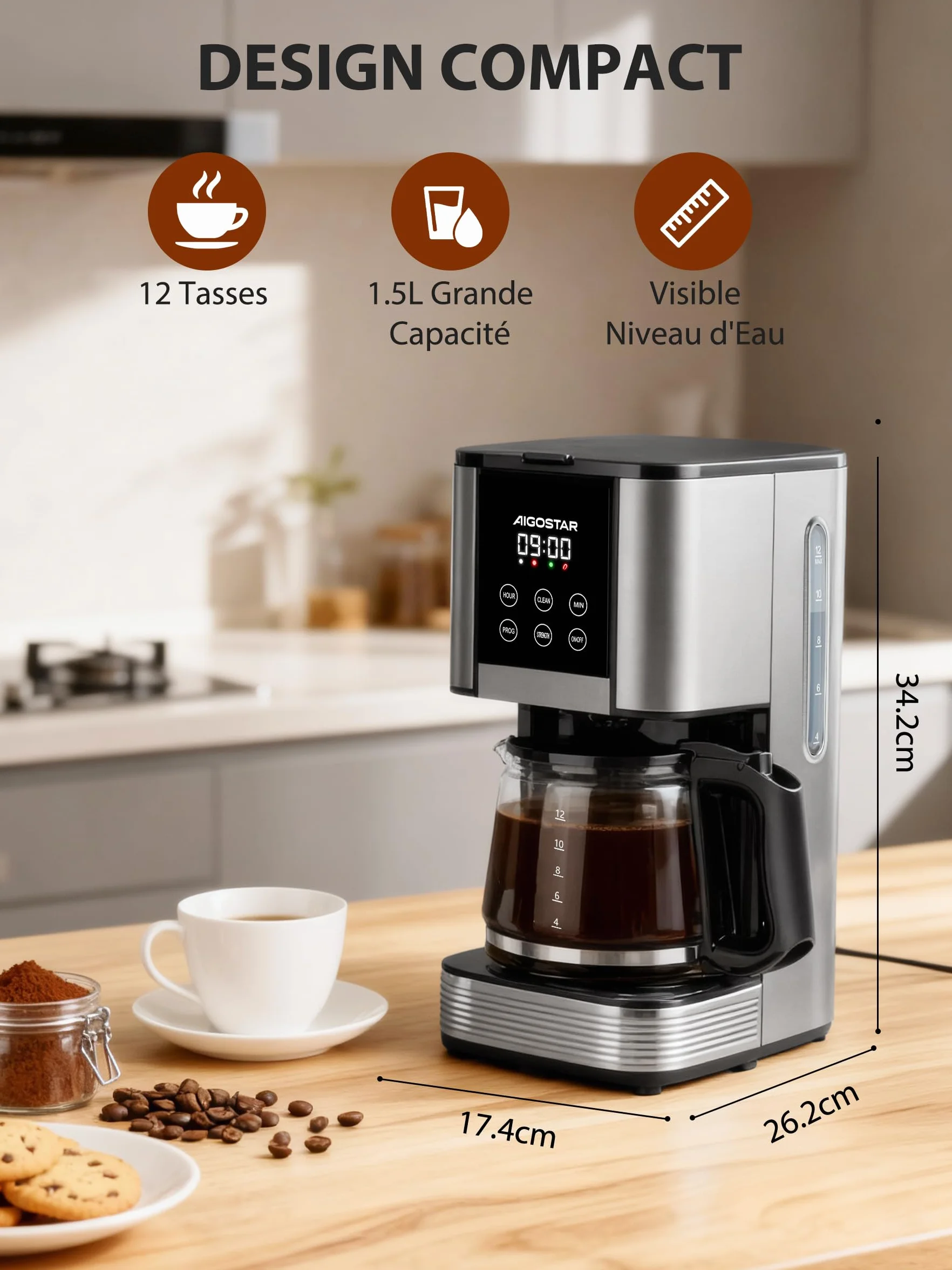 Aigostar Cafetière Filtre Électrique Programmable 24h 12 Tasses 1,5L Acier Inoxydable Réglage Intensité Écran LCD Anti-Goutte Maintien Chaud Auto-Nettoyage 1000W,0% BPA,Noir
