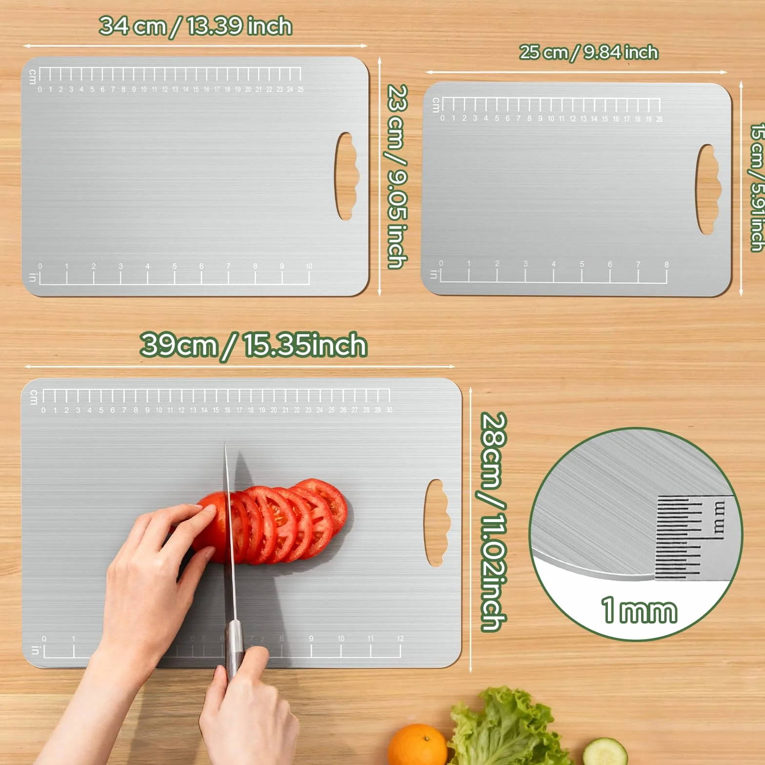 Alyvisun Planche à découper en acier Inoxydable 304, Design Double Face avec Surfaces Texturées Effet riz et Lisses, Planche de Découpe en Métal pour v Nourriture (39 × 28 cm+ 29 × 20cm + 25 × 15cm)