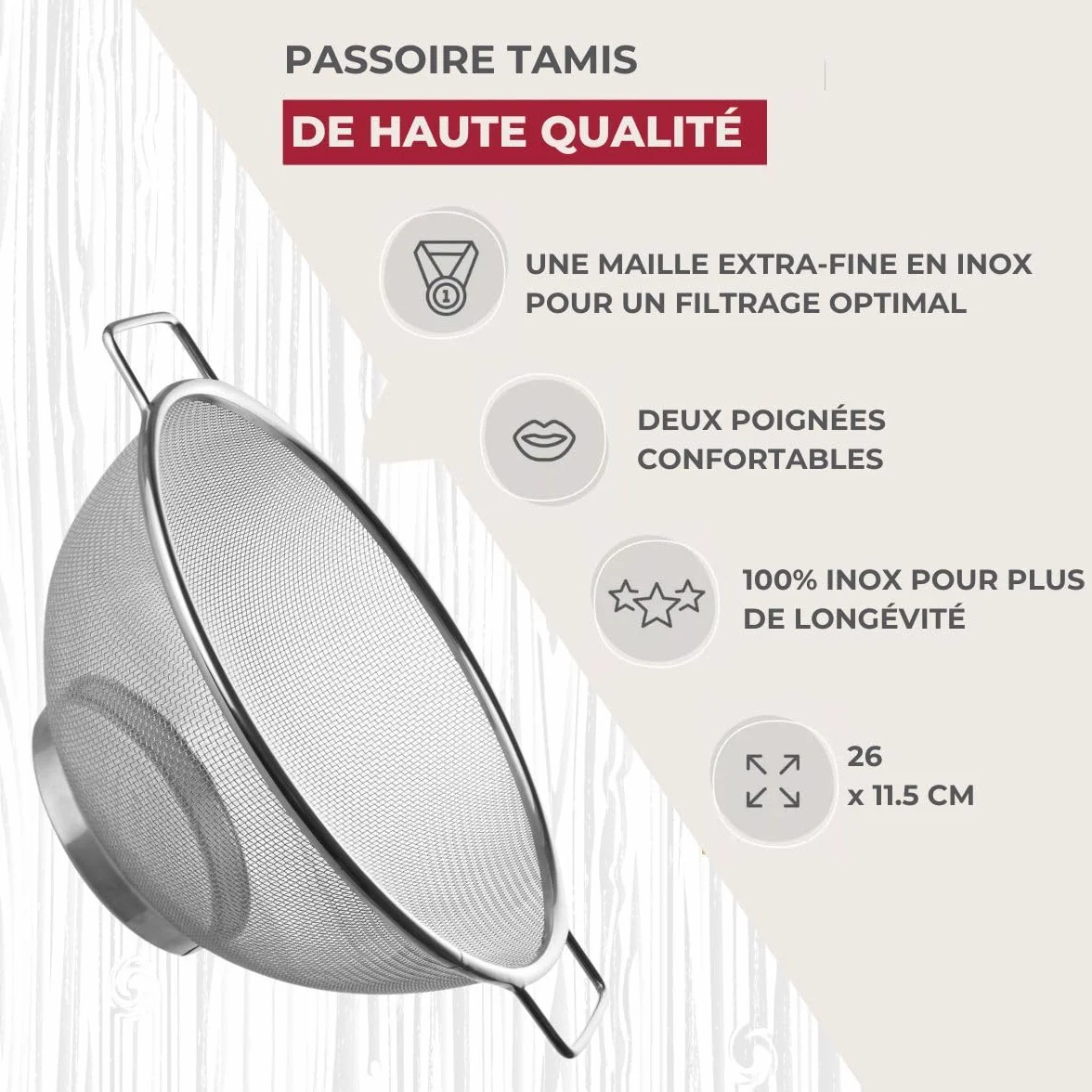 Fackelmann Passoire Tamis INOX 26 x 11,5 cm Acier Inoxydable Argent