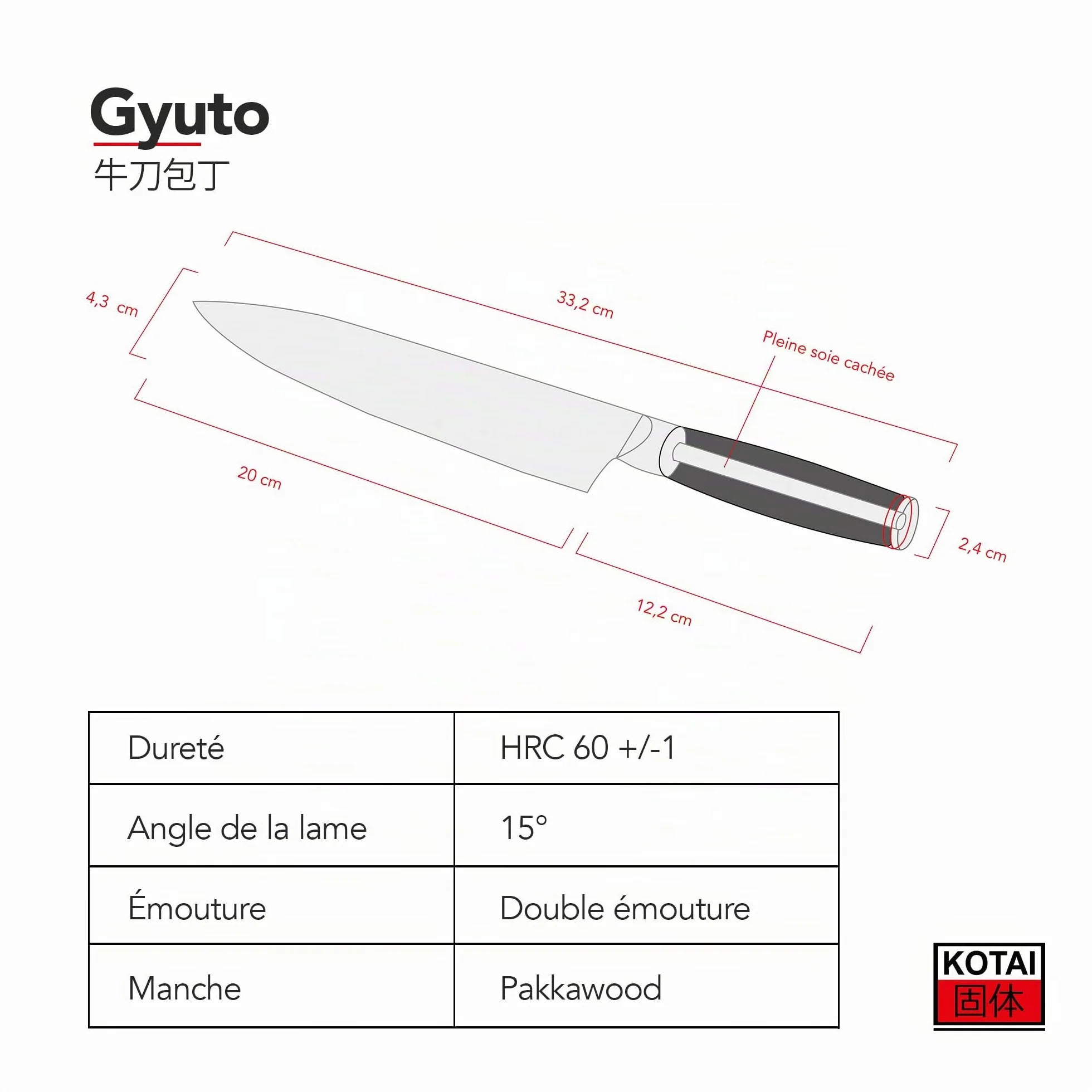 KOTAI Couteau de cuisine KOTAI GYUTO Lame 20cm KT-SG-001H