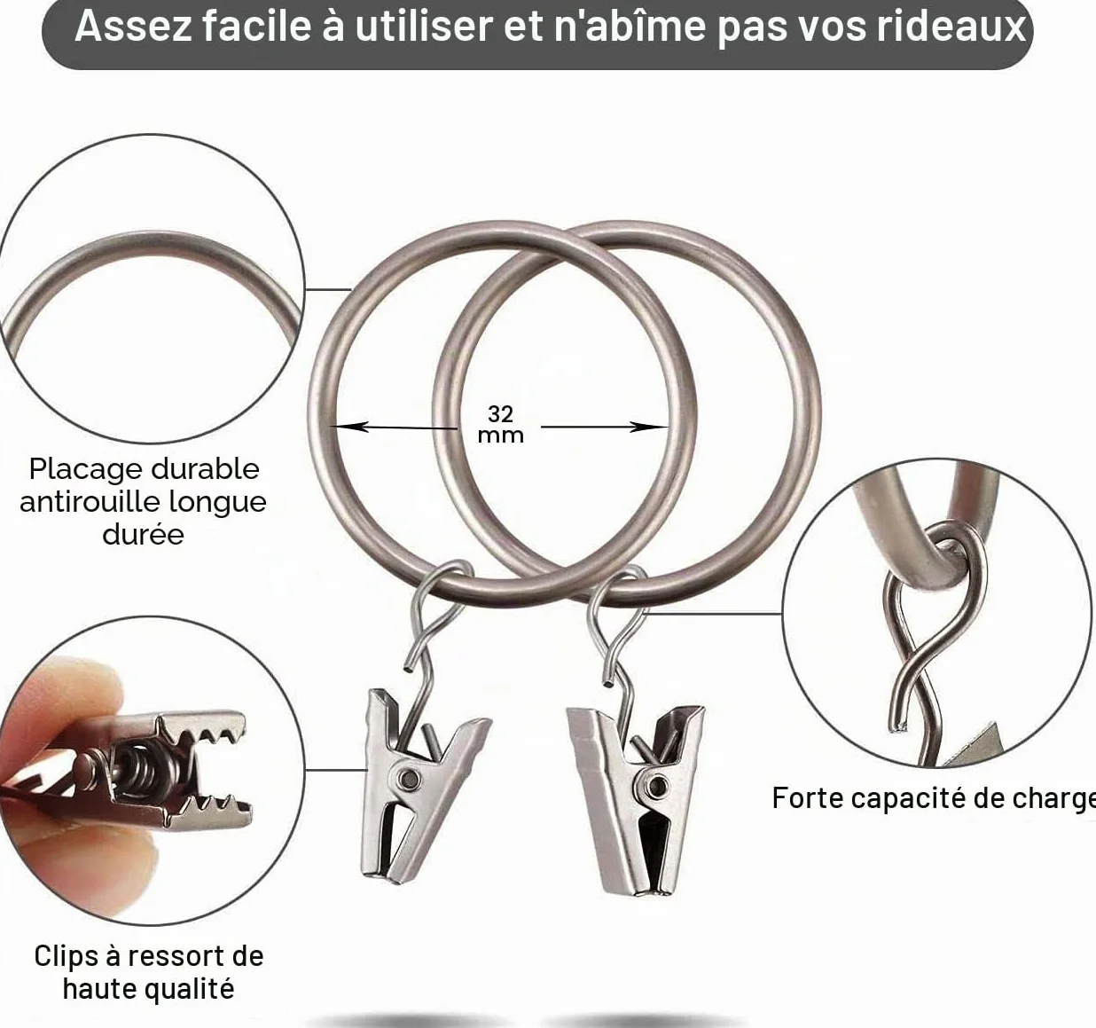Anneaux de Rideaux en Métal 30 Pièces - Pince Rideau Antirouille pour Tringle à Rideaux