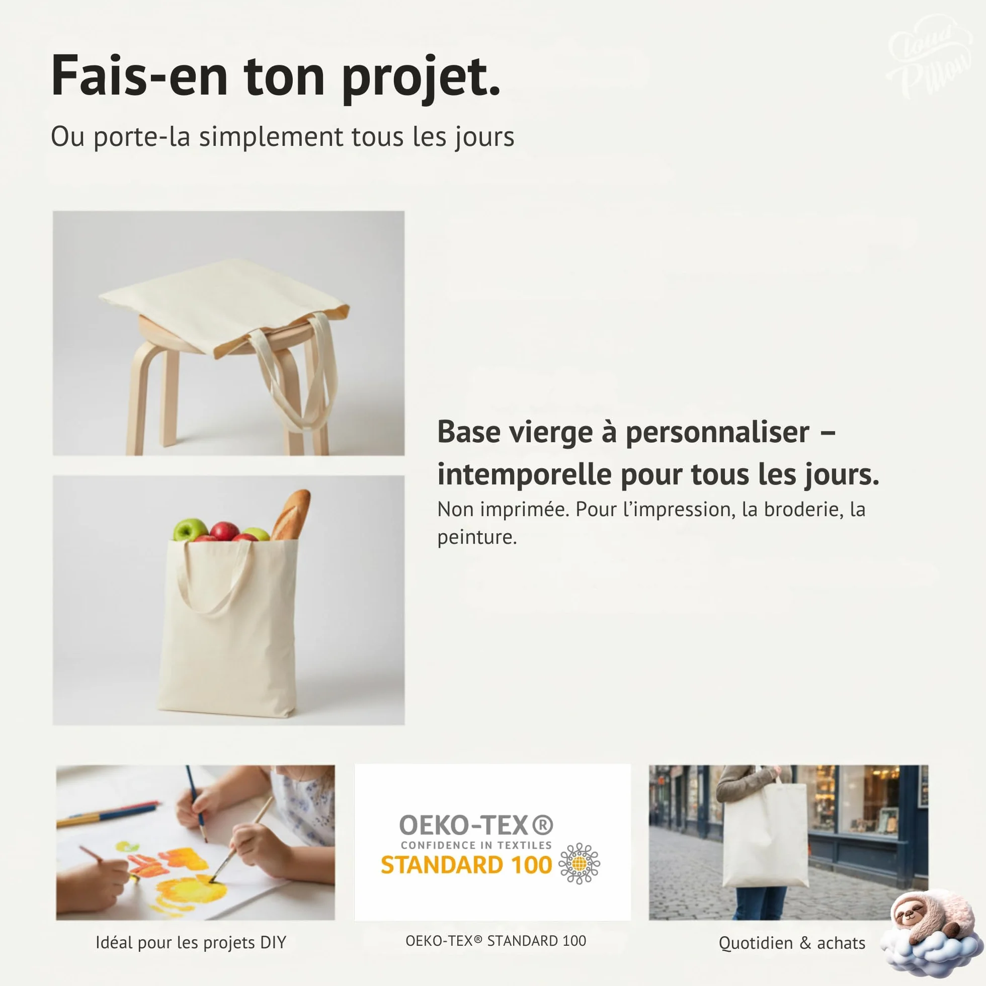 Cloud Pillow sac coton 38 x 42 cm – tote bag coton 100% 144 g/m², anses env. 70 cm, tote bag vierge pour le DIY – pratique au quotidien, pour l’université et le bureau – OEKO-TEX Standard 100