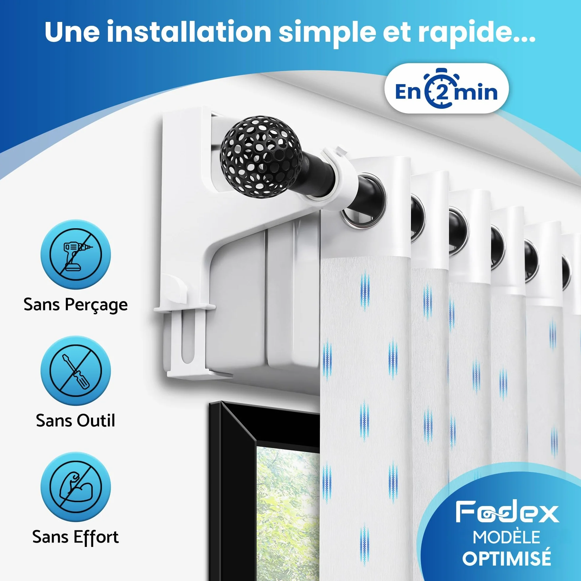 FODEX Ensemble de 2 Supports pour Tringle à Rideaux Sans Perçage, Métal, Ø16-28mm, Coffre Volet Roulant, Blanc