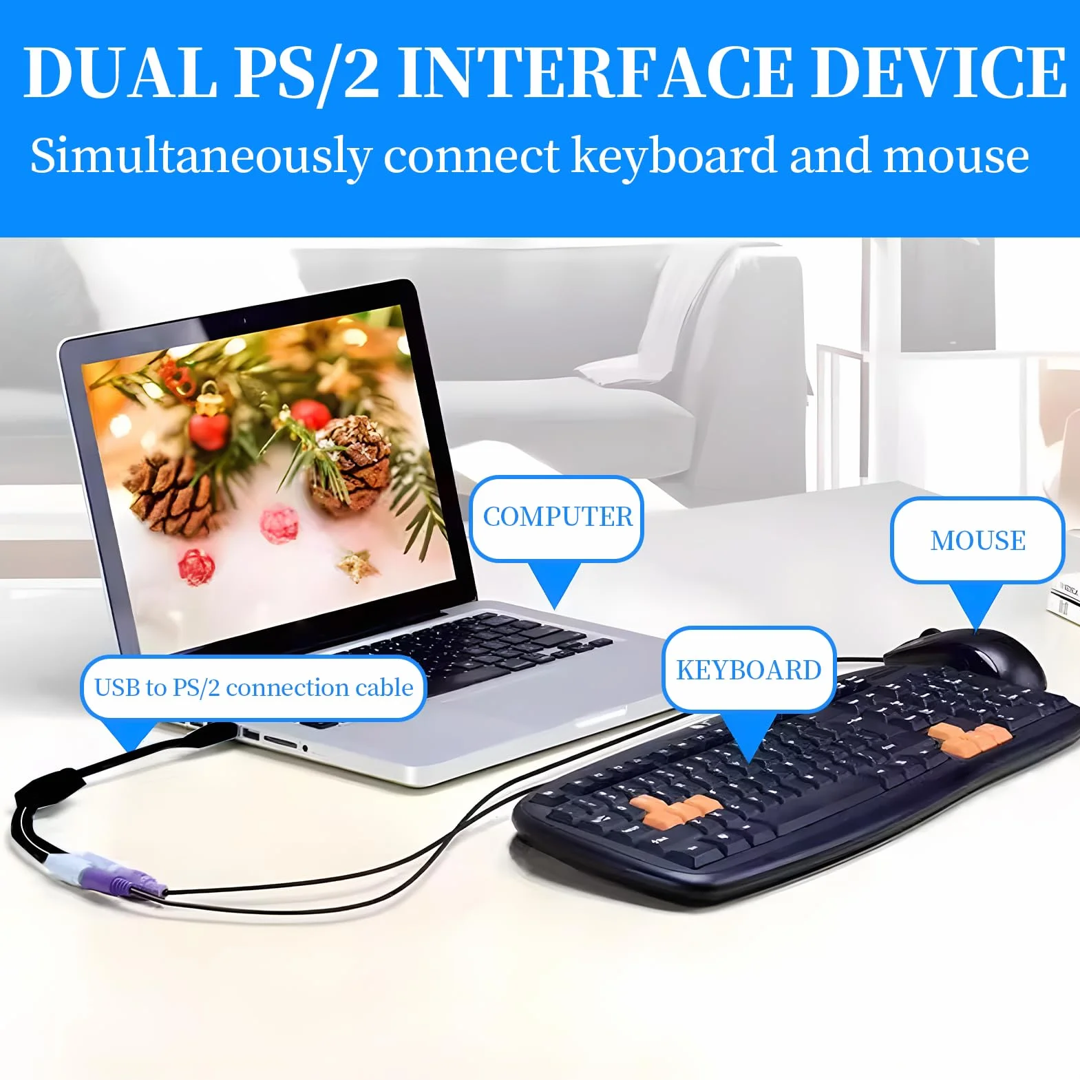 Adaptateur PS/2 vers USB, Convertisseur Câble PS/2 vers USB pour Clavier et Souris PS2