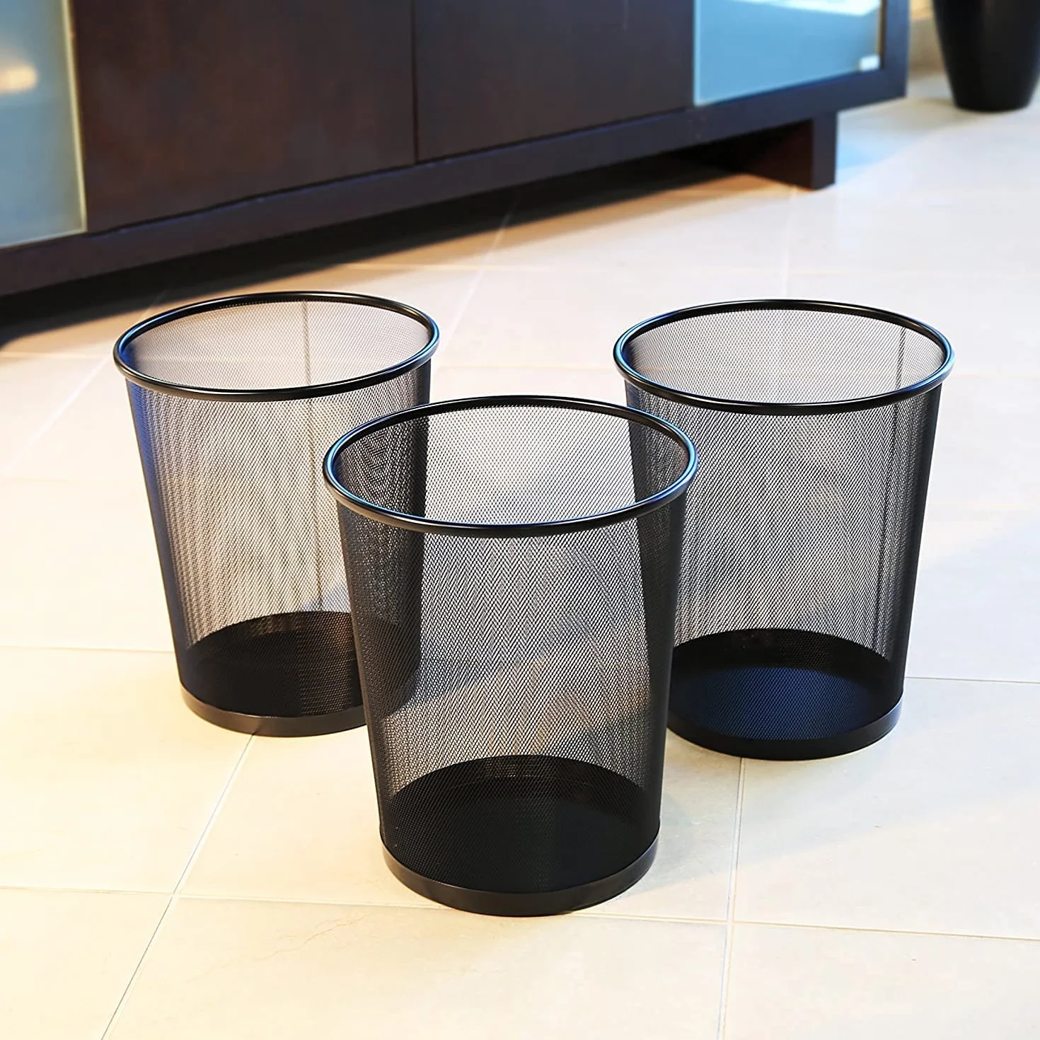 Lot de 3 Poubelle de Bureau Métal Maille 12L Noir 26.5x23.5x18.8 cm
