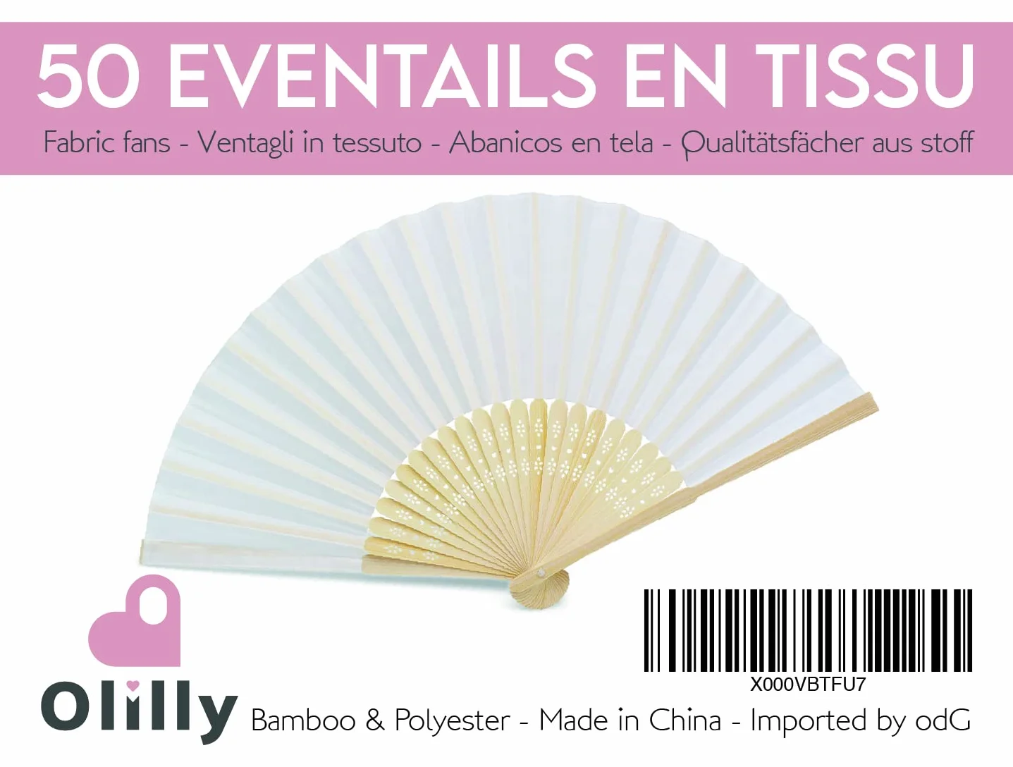 OLILLY - 50 Eventails de Qualité en Tissu Blanc et Bambou (Blanc, 50 Eventails) Pour Mariage et fiançailles